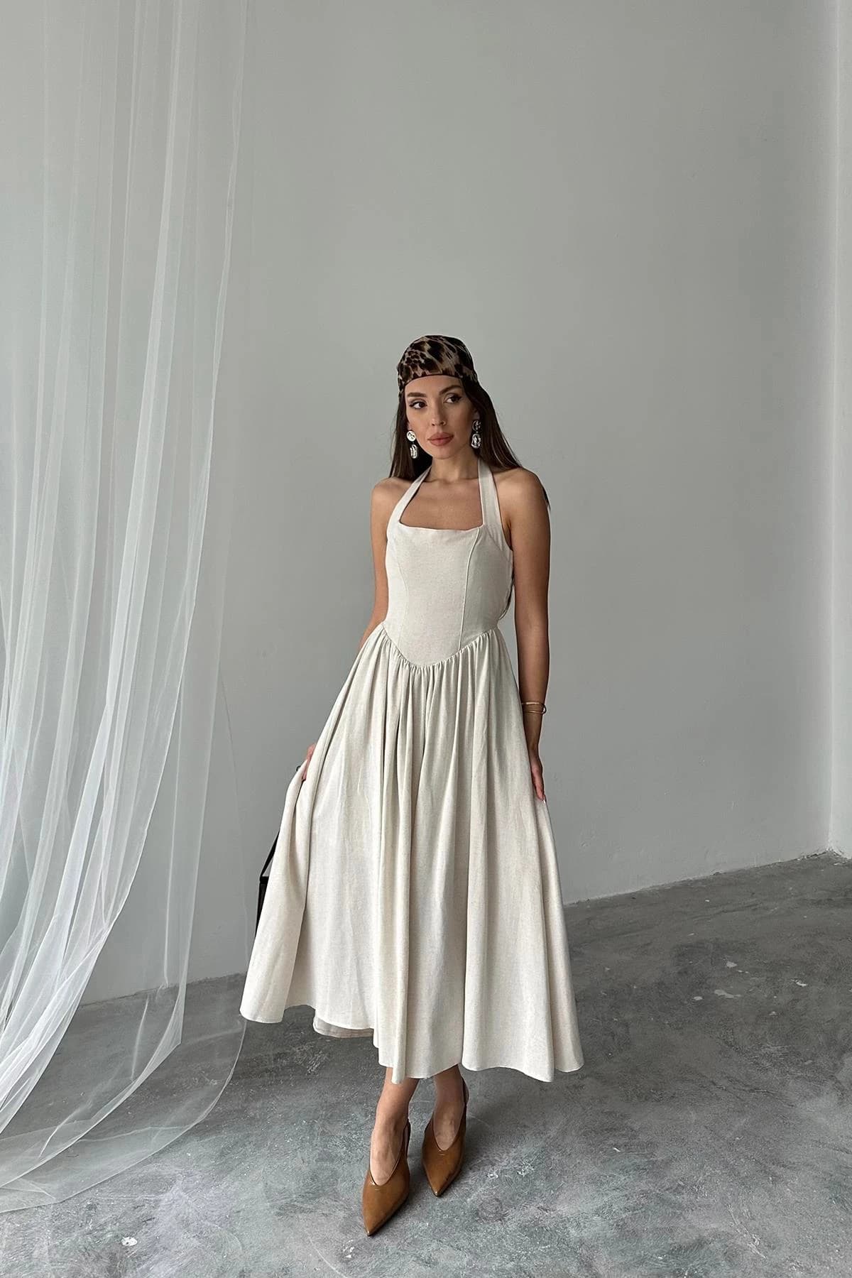 Natural Linen Halter Neck Dress