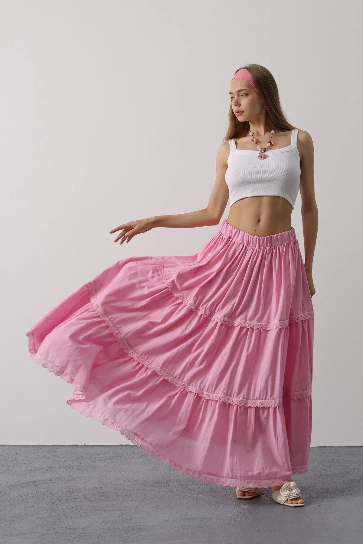 Pink Tiered Maxi Skirt