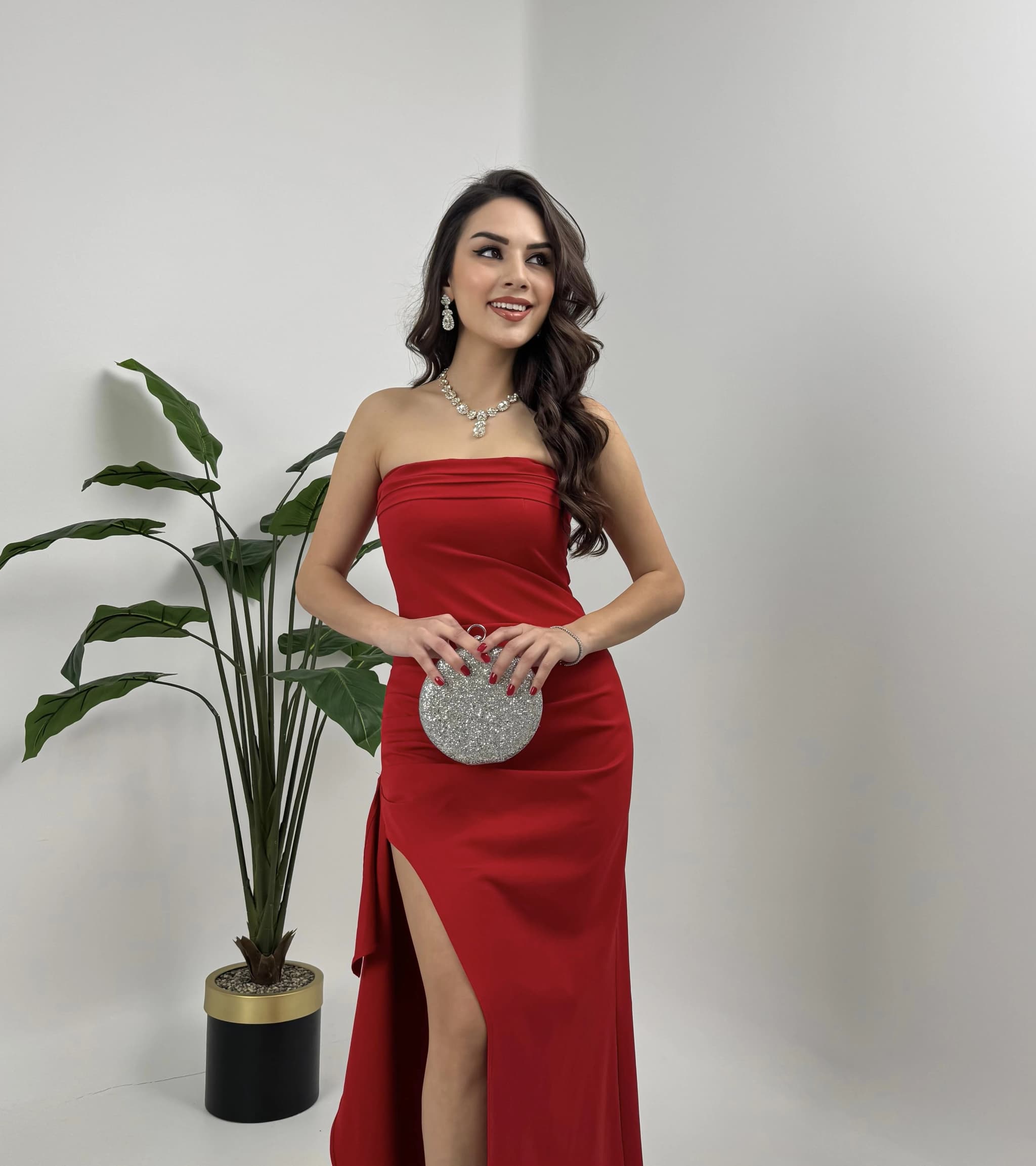 Red Strapless Evening Gown