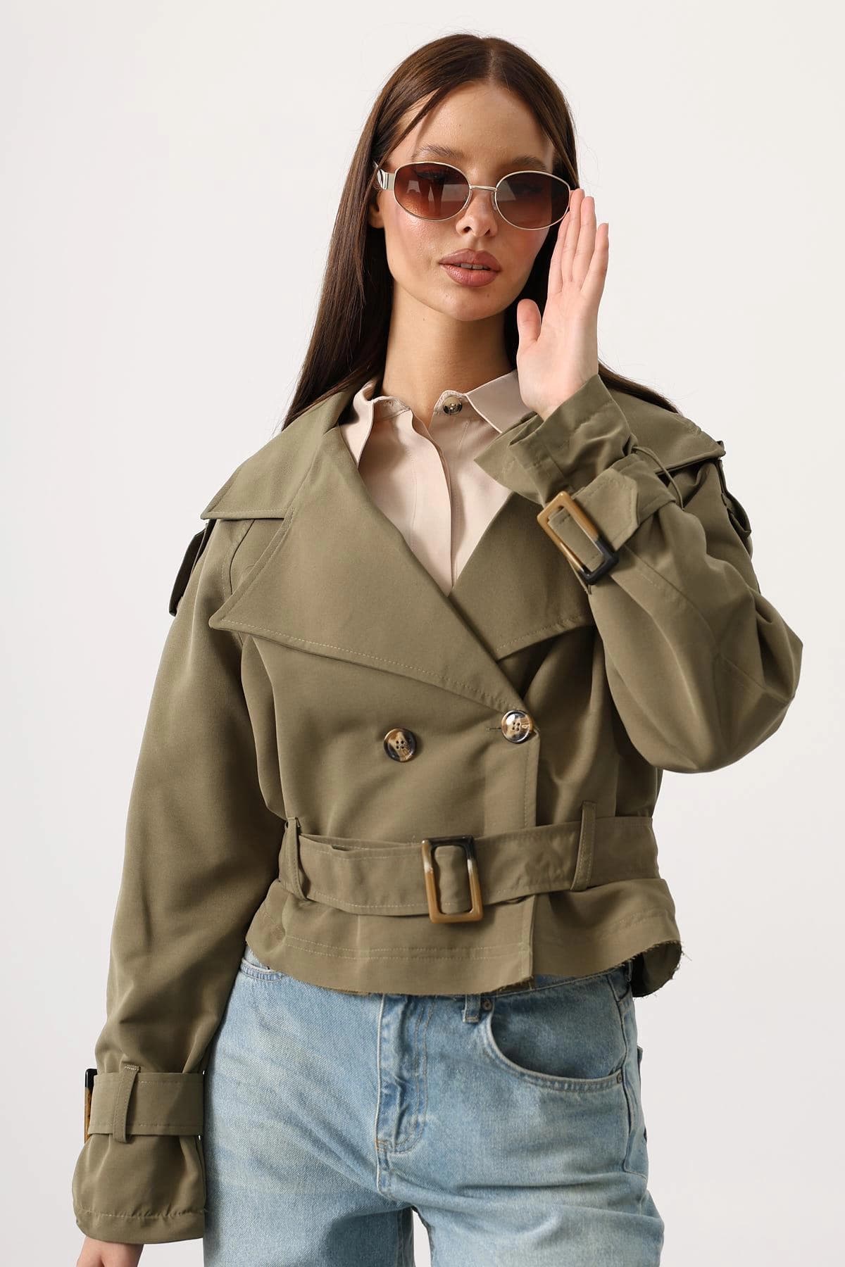 Khaki Cropped Trench Jacket Womens Belted Double Breasted Short Trench Coat