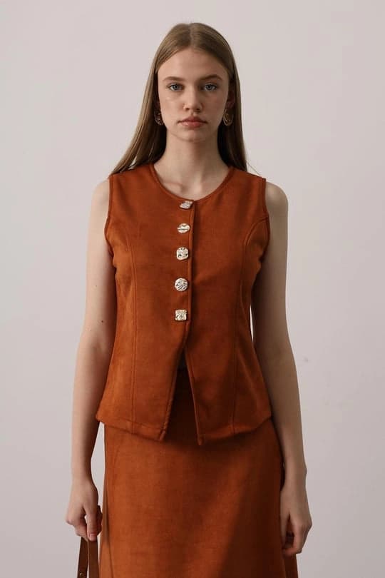 Burnt Orange Top | Tailored Faux Suede Vest | Vintage 70s Chic
