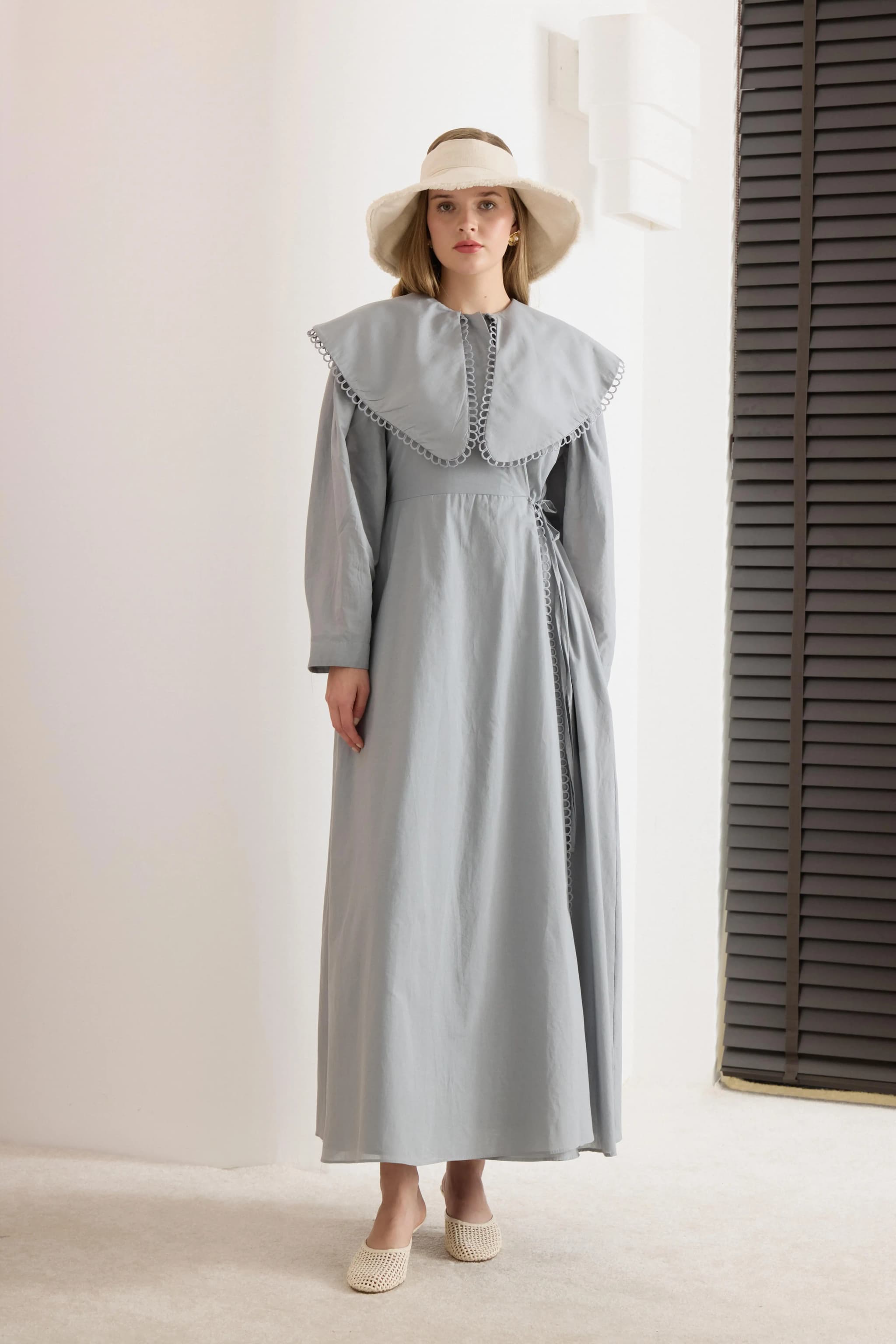 Vintage Gray Maxi Dress Long Sleeve Lace Trim Wrap Dress Retro Style Bohemian Chic Formal Dress