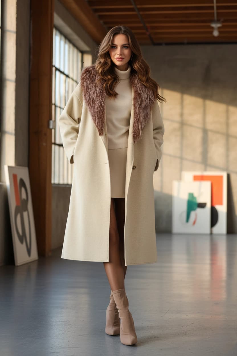 Wool Coat with Faux Fur Collar, Minimalist Long Overcoat