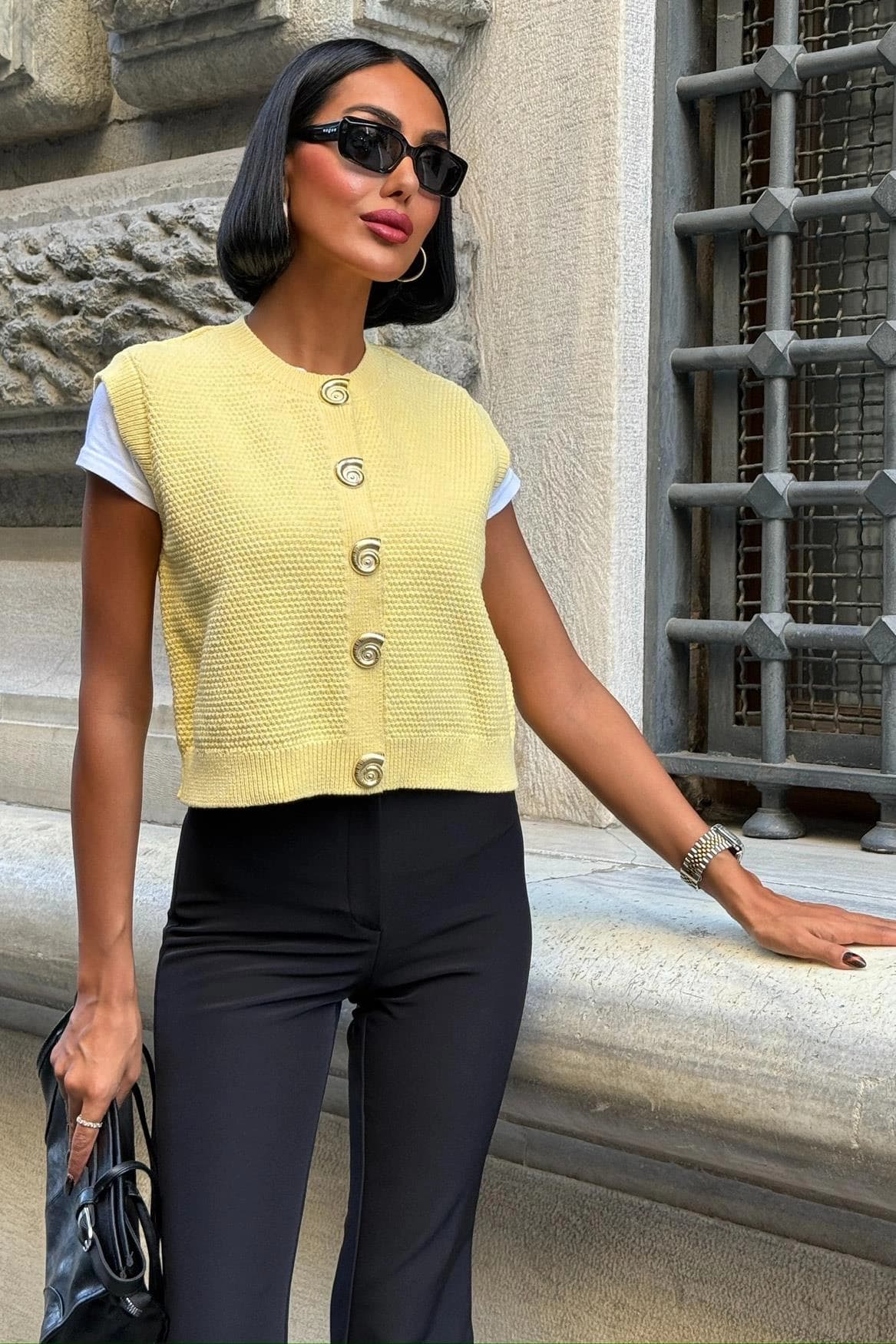 Yellow Button Front Vest Women Cropped Knit Cardigan Sleeveless Sweater Vest Textured Waffle Knit Layering Top Vintage Style