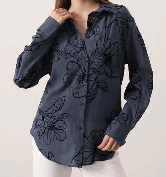 Oversized Navy Blue Floral Blouse | Relaxed Button Down Shirt | Long Sleeve Textured Flower Tunic Top - ana görsel