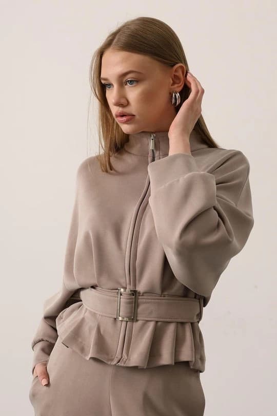 Beige Belted Peplum Jacket | High Neck Long Sleeve Zip-Up Sweatshirt - ana görsel