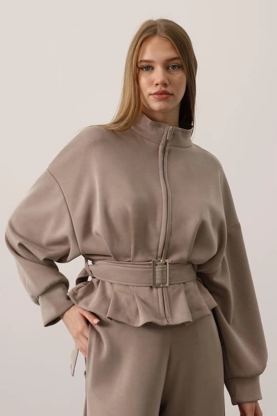 Beige Belted Peplum Jacket | High Neck Long Sleeve Zip-Up Sweatshirt - görsel 1