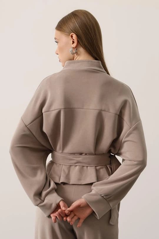 Beige Belted Peplum Jacket | High Neck Long Sleeve Zip-Up Sweatshirt - görsel 2