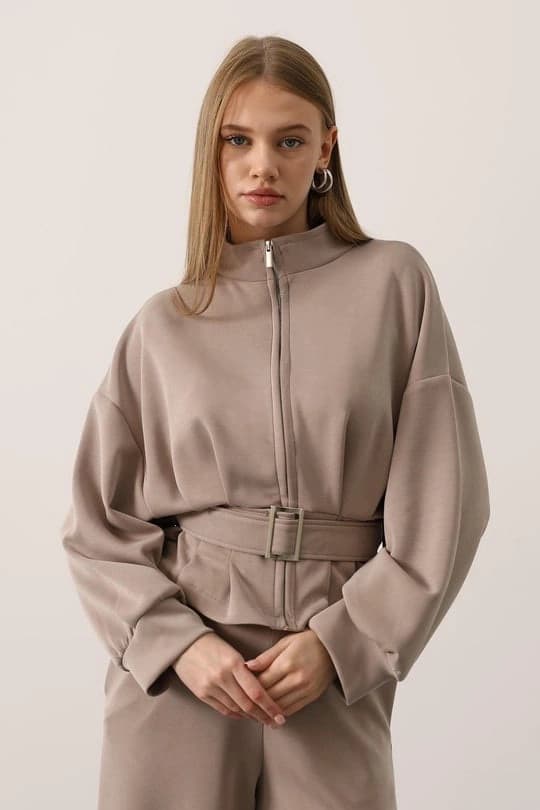 Beige Belted Peplum Jacket | High Neck Long Sleeve Zip-Up Sweatshirt - görsel 3
