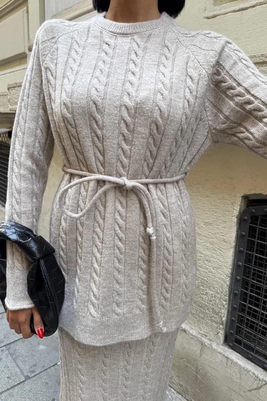 Beige Cable Knit Two Piece Set – Long Sleeve Sweater Top & Midi Skirt Outfit | Elegant Minimalist Winter Knitwear