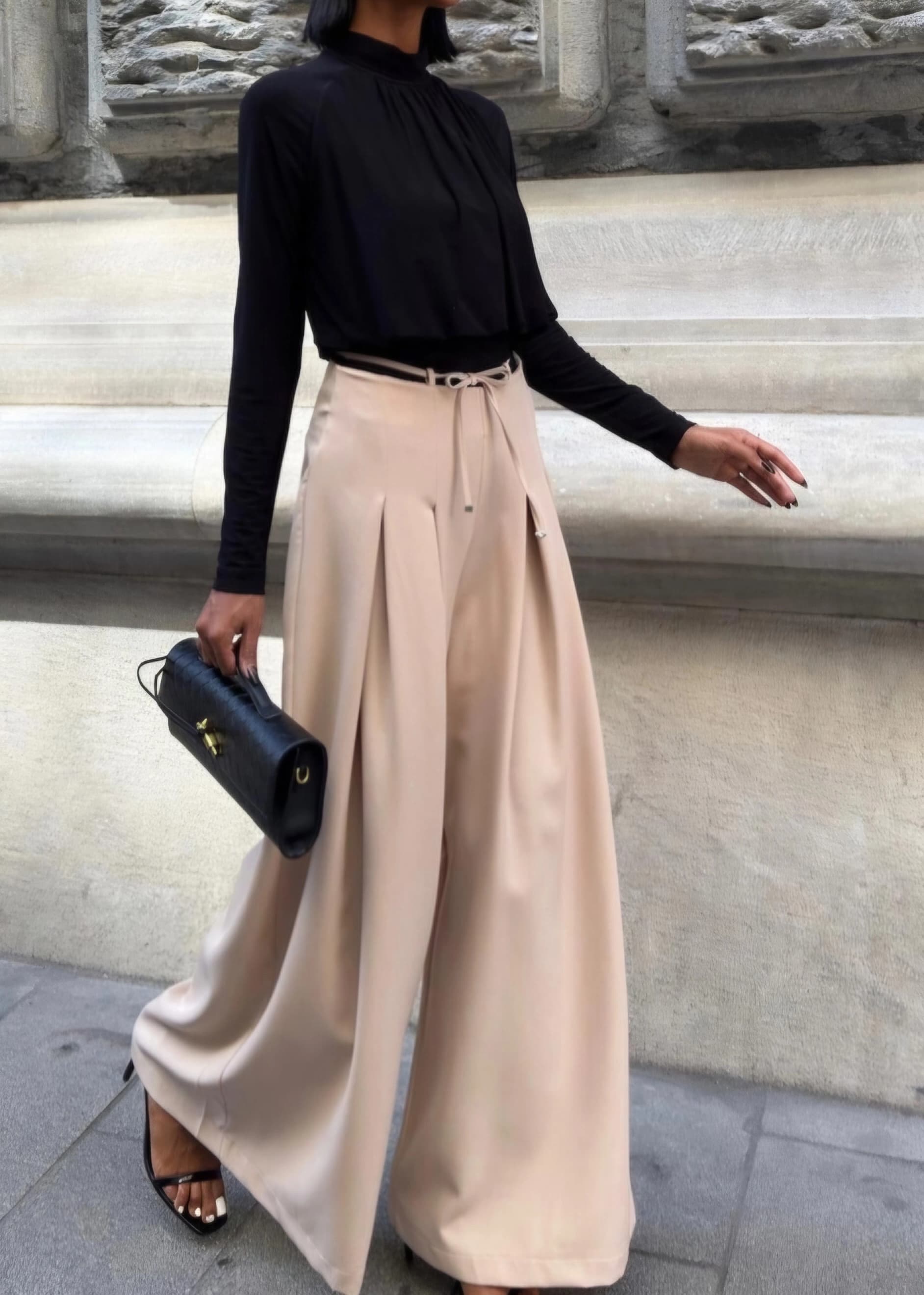 Beige High Waisted Wide Leg Pleated Trousers for Women, Elegant Tailored Palazzo Pants, Flowy Chic Neutral Office or Casual Wear - görsel 4