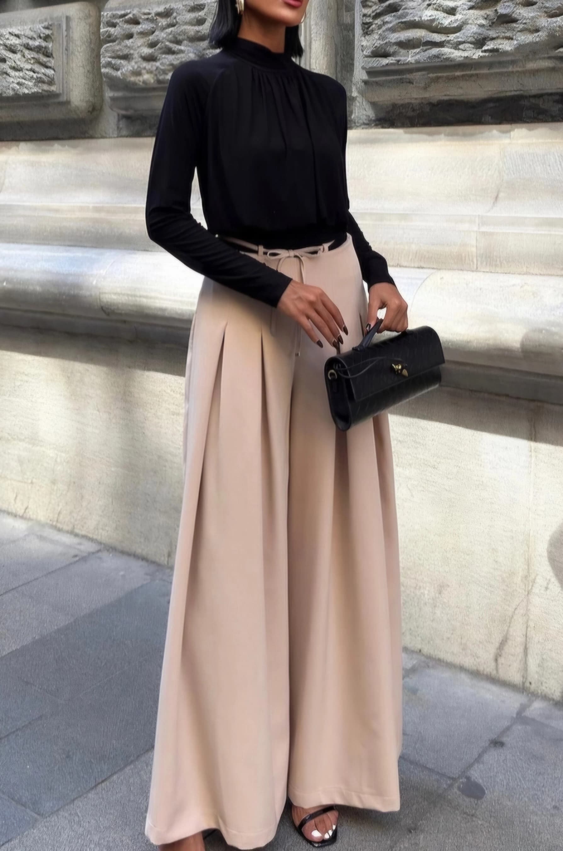 Beige High Waisted Wide Leg Pleated Trousers for Women, Elegant Tailored Palazzo Pants, Flowy Chic Neutral Office or Casual Wear - görsel 6