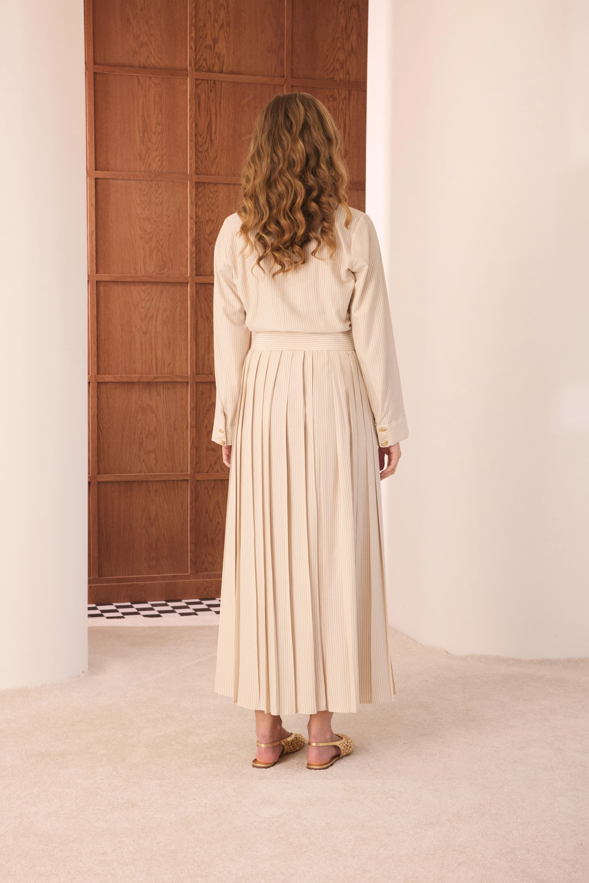 Beige Striped Button-Down Midi Dress detailed view 5