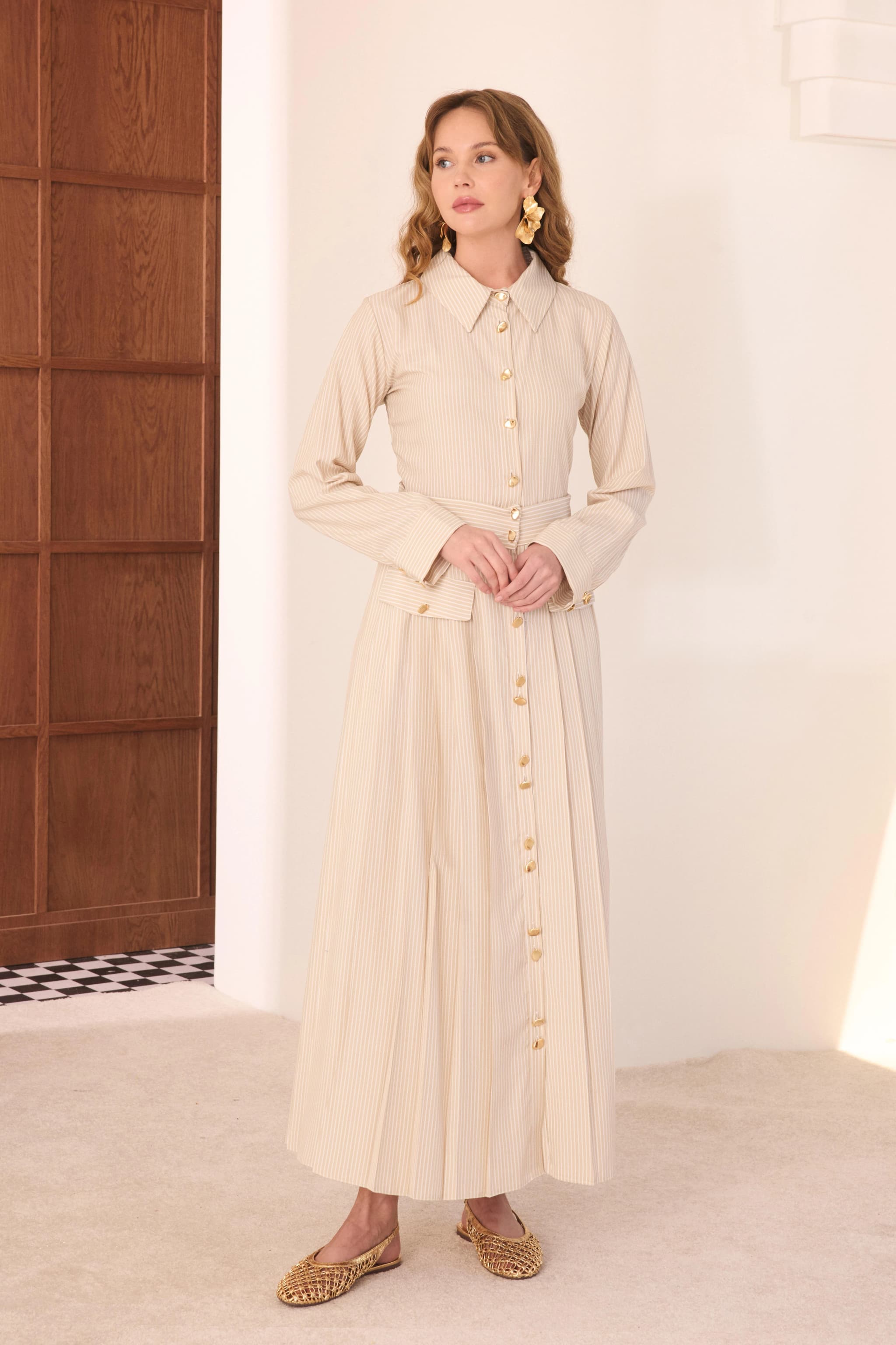 Beige Striped Button-Down Midi Dress