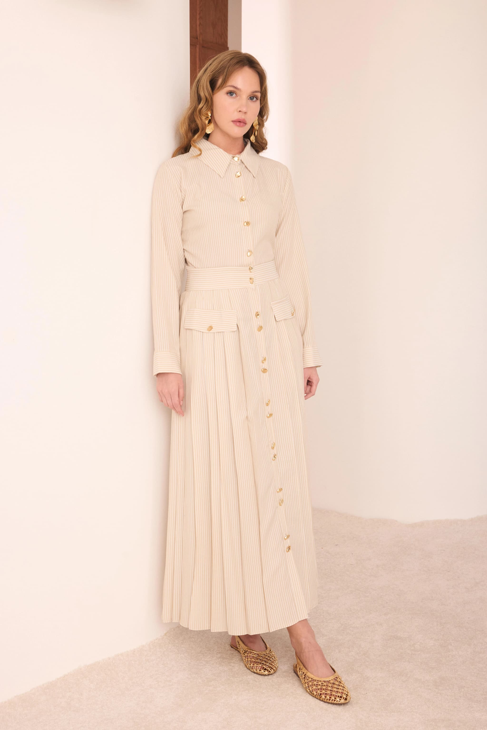 Beige Striped Button-Down Midi Dress detailed view 3