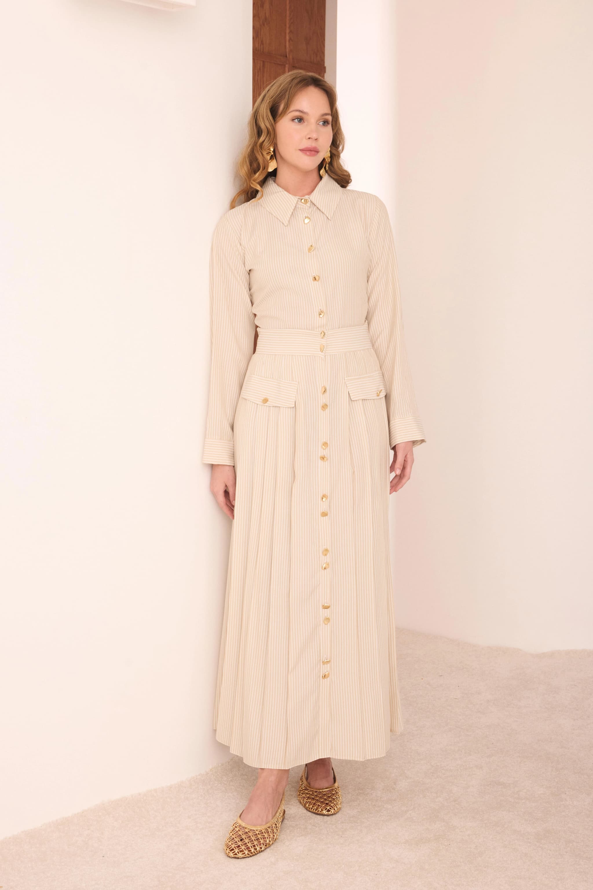 Beige Striped Button-Down Midi Dress detailed view 4