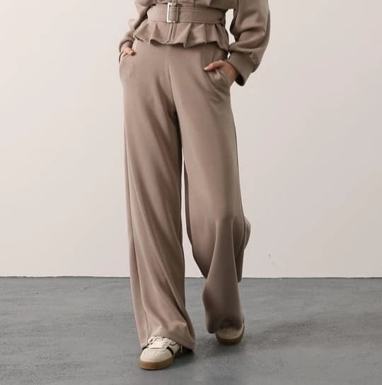 Beige Wide Leg Trousers, High Waisted Jersey Knit Palazzo Pants, Flowing Drapey Winter Pant - görsel 1
