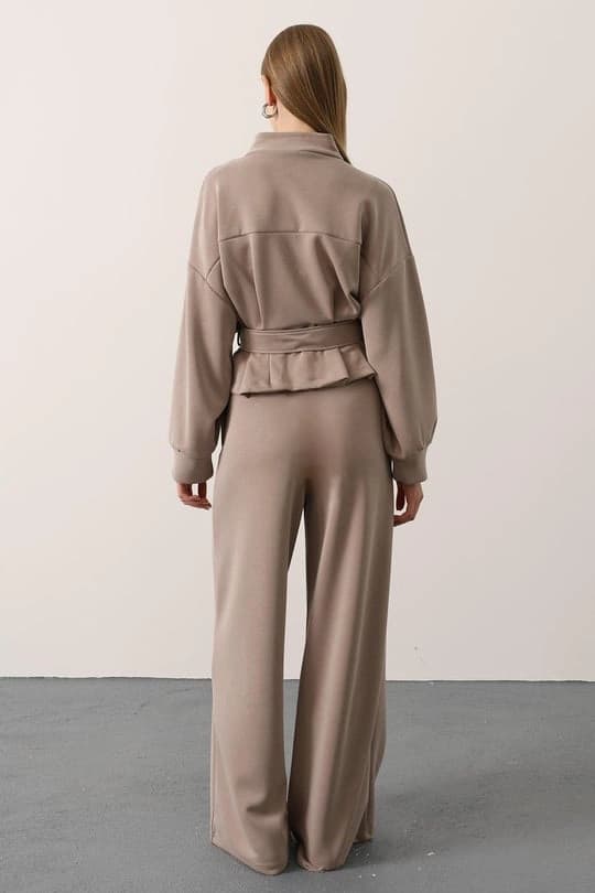 Beige Wide Leg Trousers, High Waisted Jersey Knit Palazzo Pants, Flowing Drapey Winter Pant - görsel 2