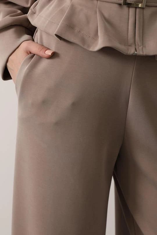 Beige Wide Leg Trousers, High Waisted Jersey Knit Palazzo Pants, Flowing Drapey Winter Pant - görsel 3