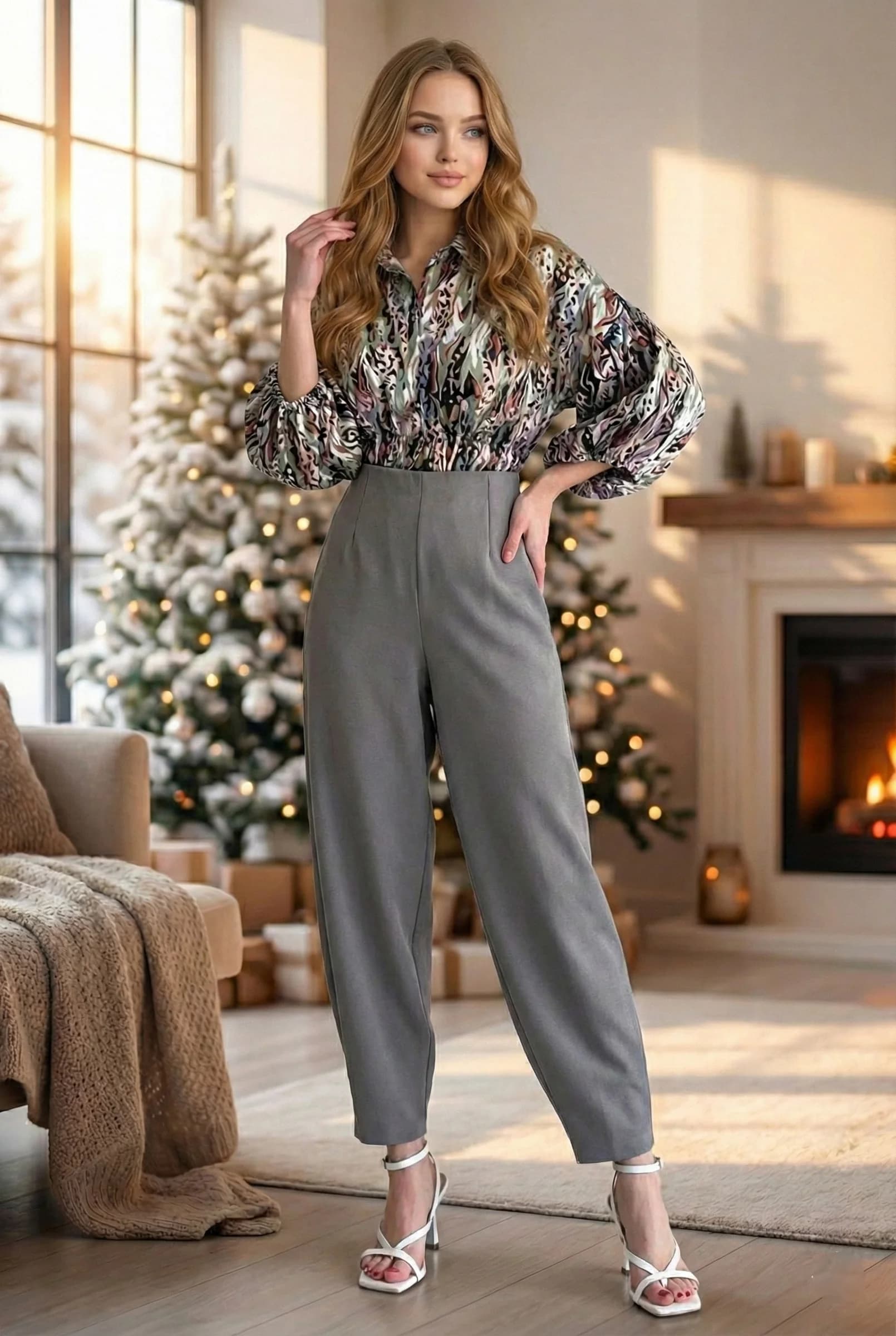 Bishop Sleeve Blouse, Colorful Abstract Brushstroke Print Button Down