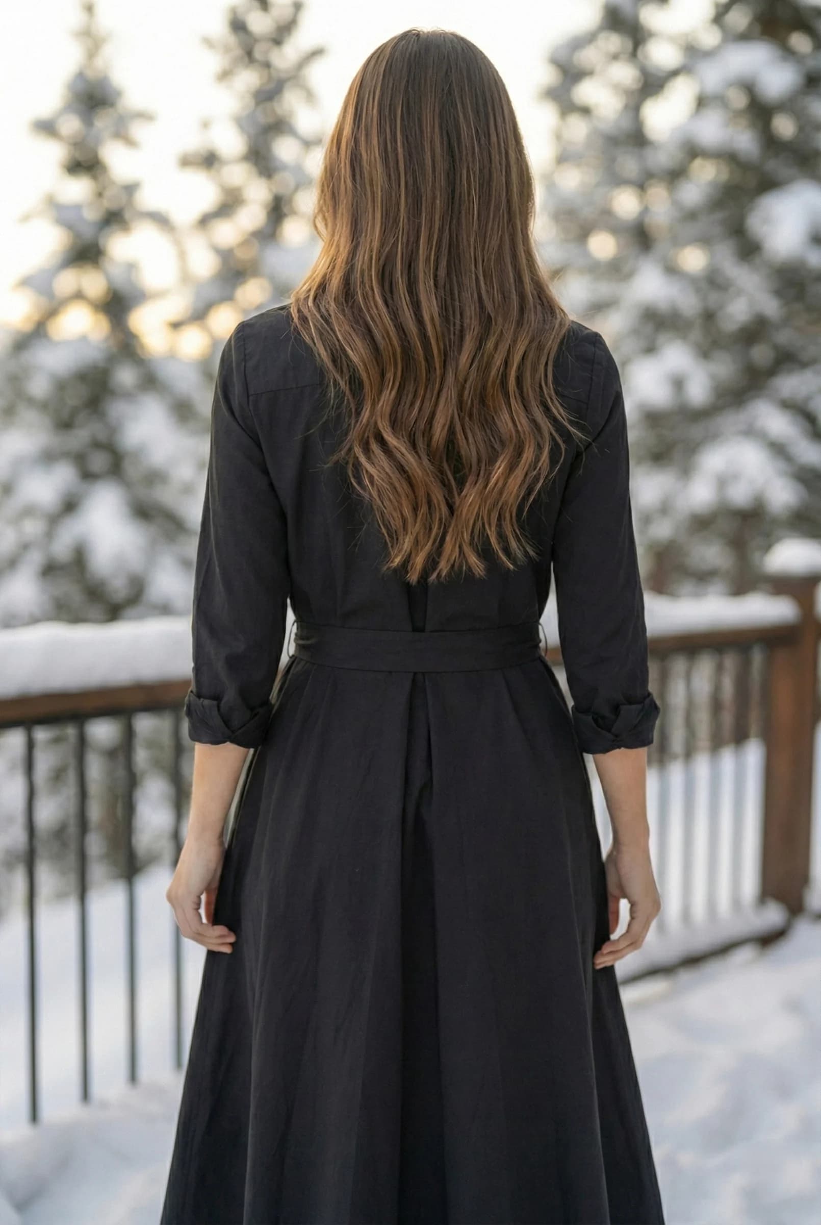 Black Button Down Shirt Dress | Midi Fit and Flare Cotton Tunic detailed view 6