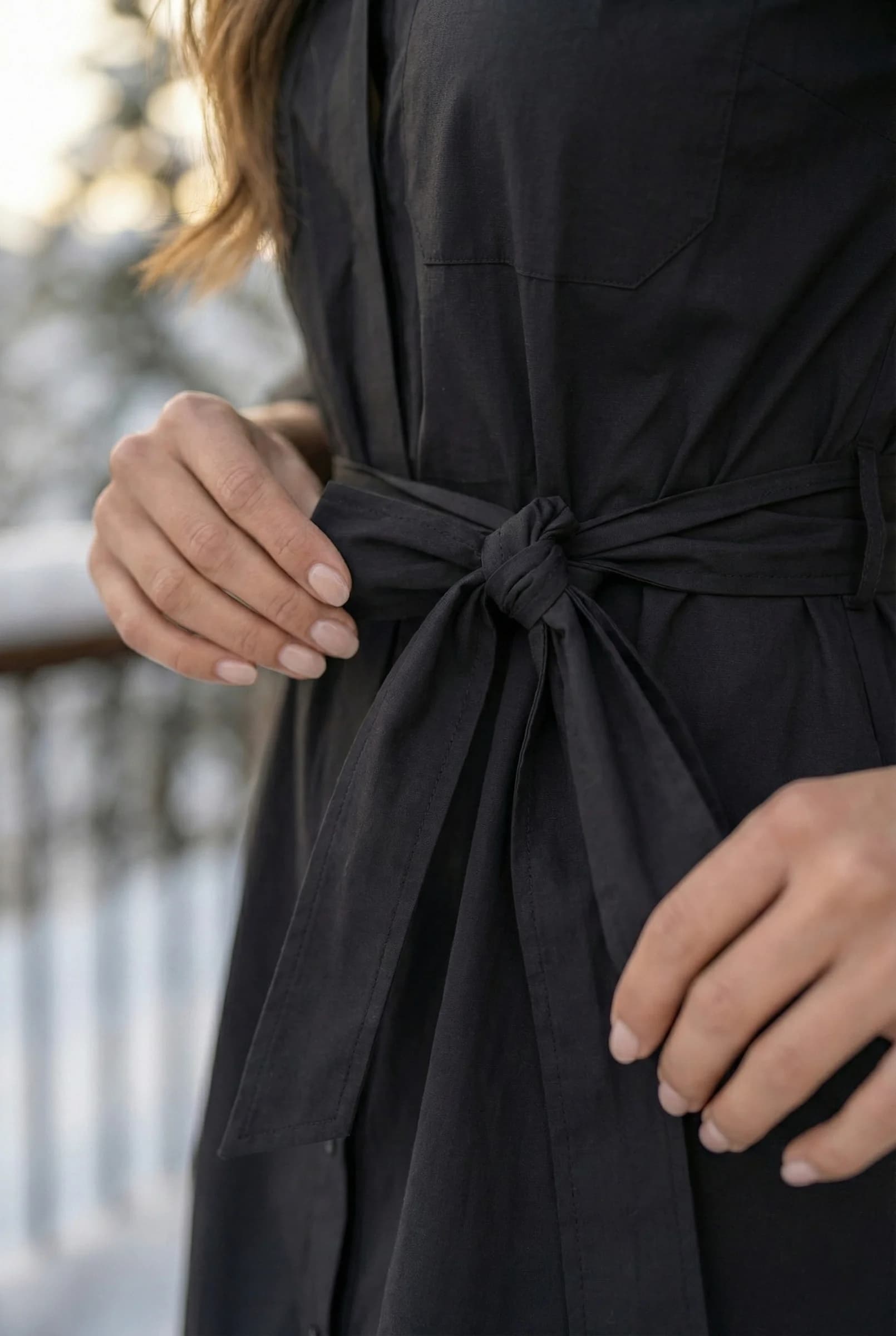 Black Button Down Shirt Dress | Midi Fit and Flare Cotton Tunic detailed view 3