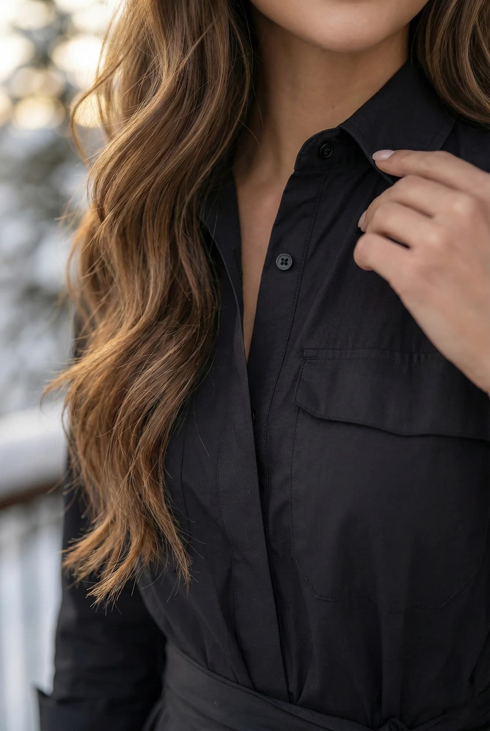 Black Button Down Shirt Dress | Midi Fit and Flare Cotton Tunic detailed view 4