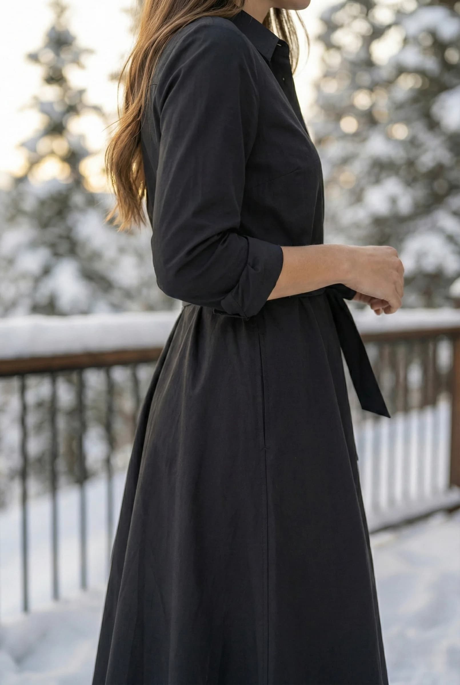 Black Button Down Shirt Dress | Midi Fit and Flare Cotton Tunic detailed view 5
