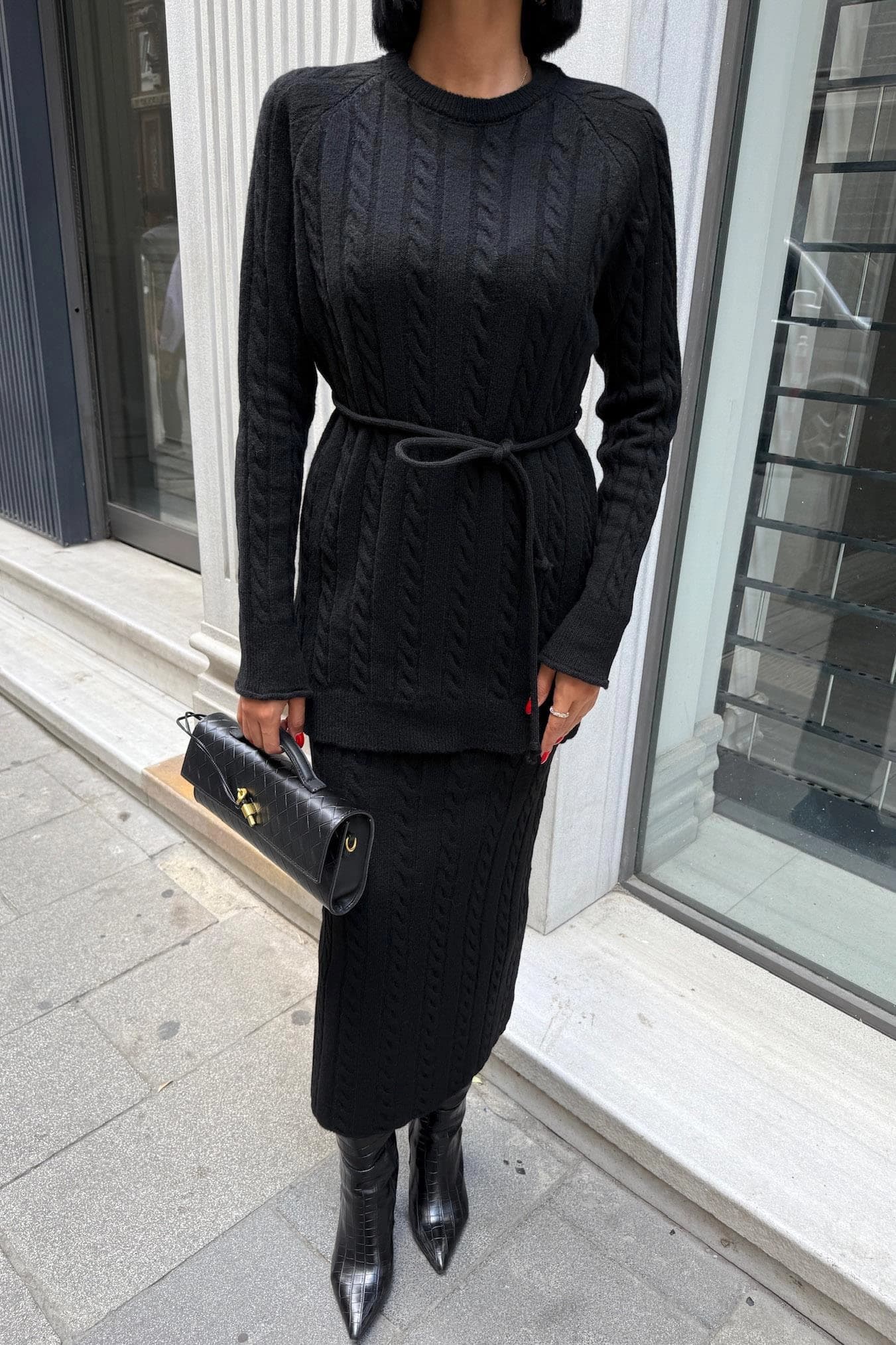 Black Cable Knit Two Piece Set Women Matching Sweater Pants Outfit Cozy Lounge Set Winter Casual Knitted Suit - görsel 2