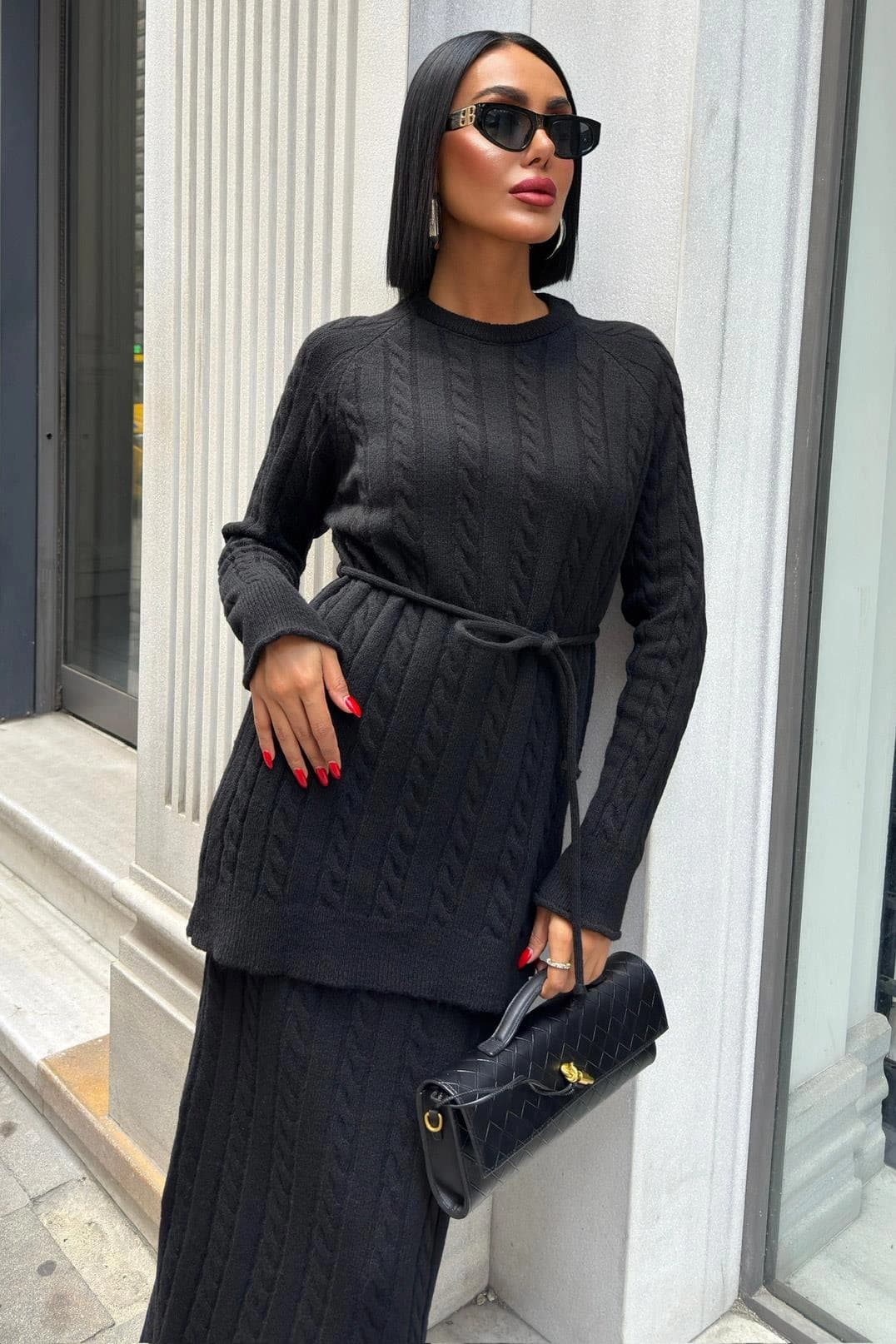 Black Cable Knit Two Piece Set Women Matching Sweater Pants Outfit Cozy Lounge Set Winter Casual Knitted Suit - görsel 3