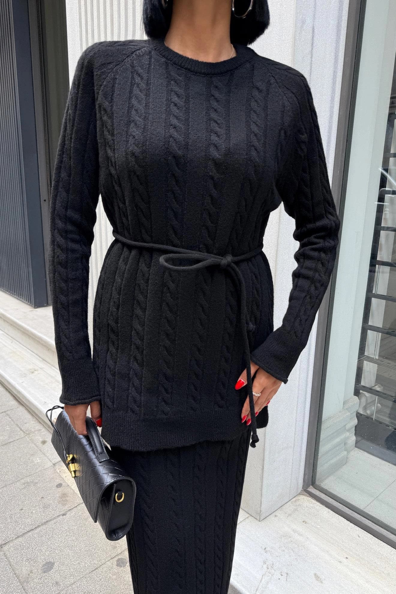 Black Cable Knit Two Piece Set Women Matching Sweater Pants Outfit Cozy Lounge Set Winter Casual Knitted Suit - görsel 6