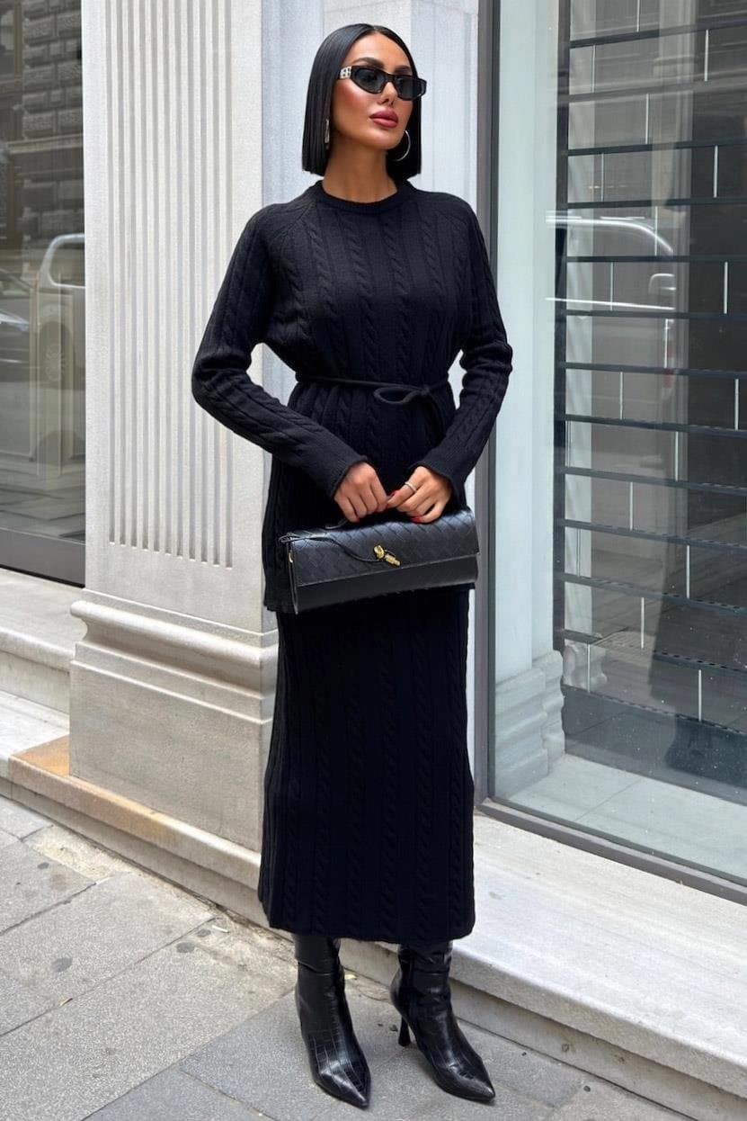 Black Cable Knit Two Piece Set Women Matching Sweater Pants Outfit Cozy Lounge Set Winter Casual Knitted Suit - görsel 7