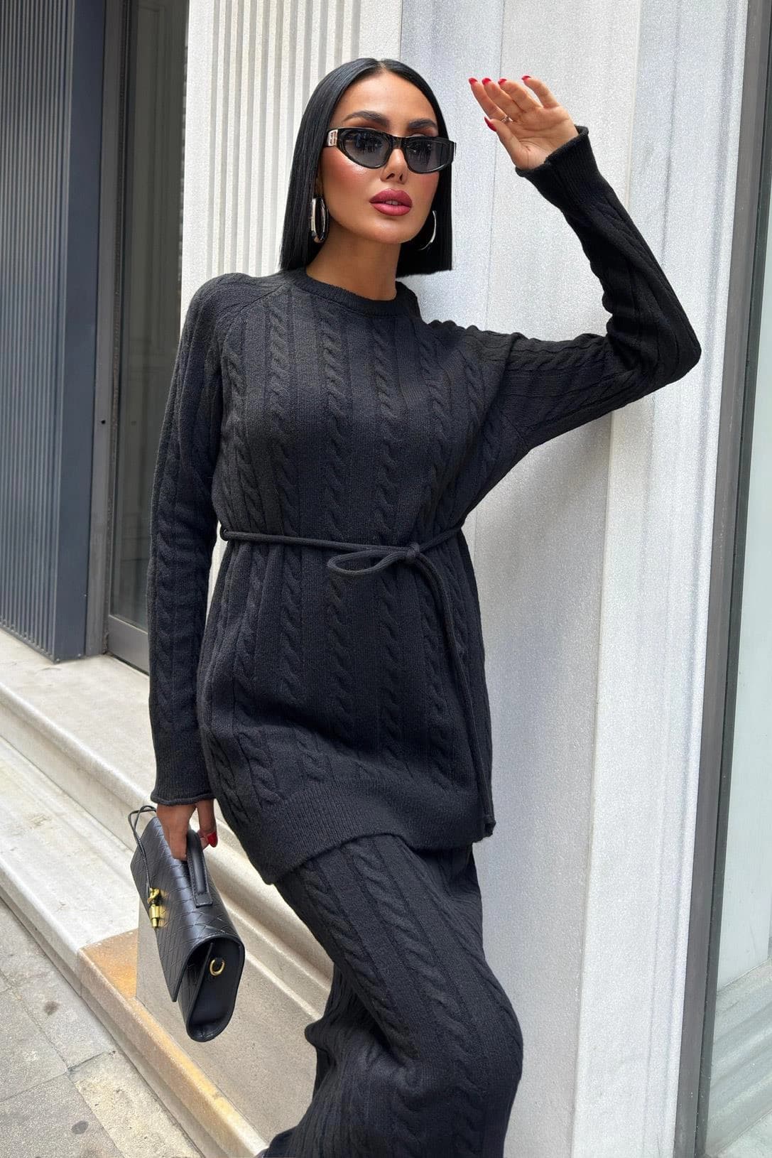 Black Cable Knit Two Piece Set Women Matching Sweater Pants Outfit Cozy Lounge Set Winter Casual Knitted Suit - görsel 8