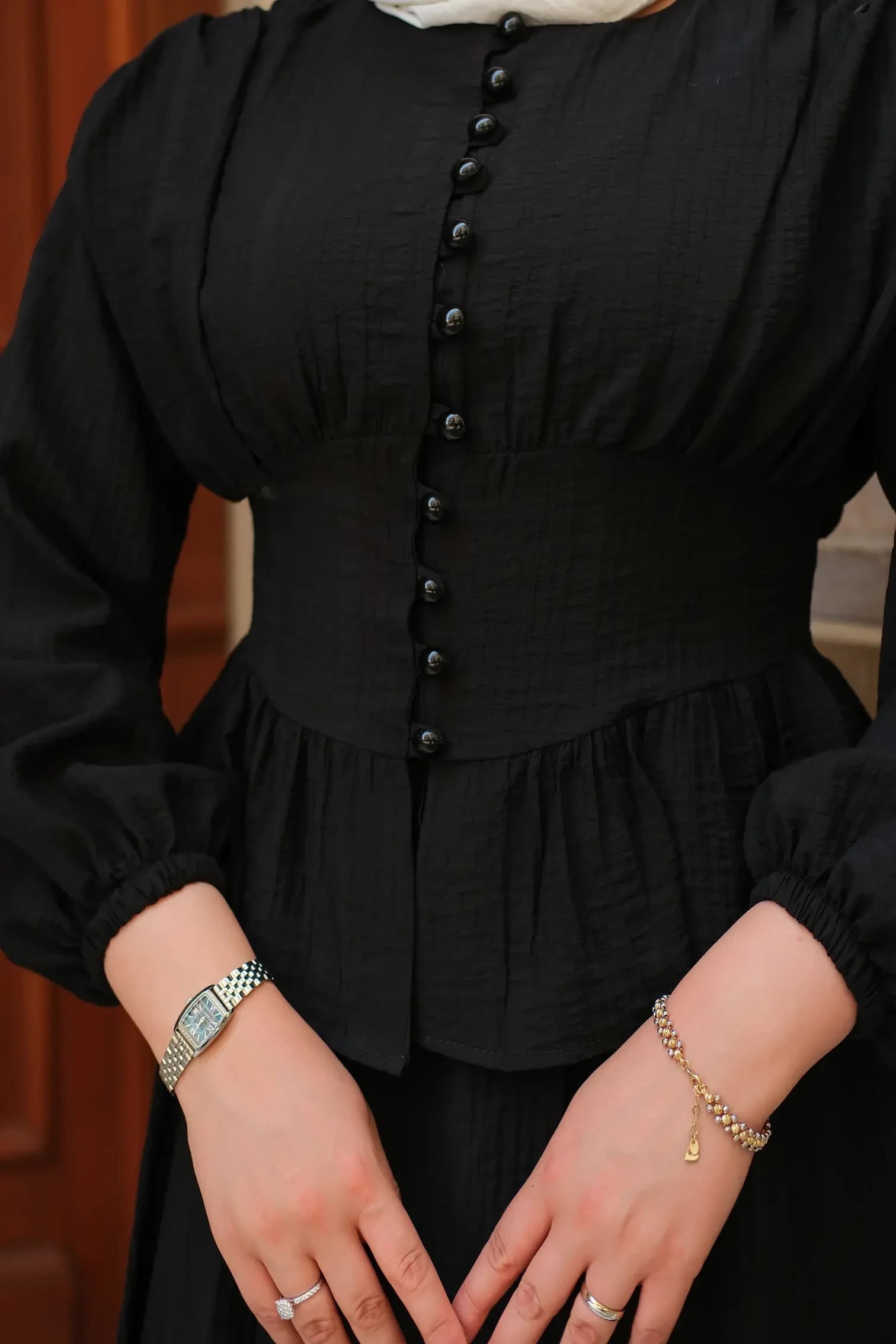 Black Corset Top Maxi Skirt Set Button Front Two Piece Modest Fashion Long Sleeve Hijab Friendly Muslim Clothing