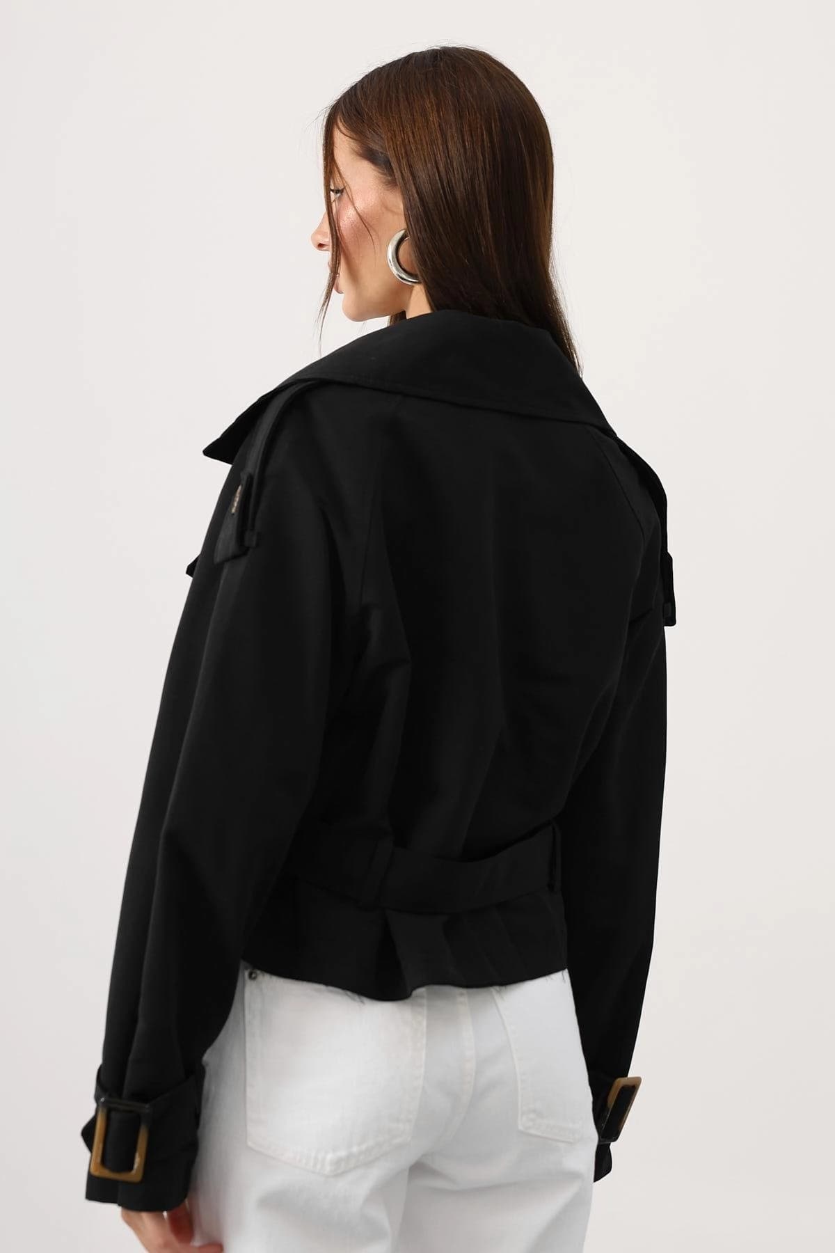 Black Cropped Trench Jacket Womens Short Double Breasted Belted Epaulet Coat Lightweight Spring Fall Outerwear - görsel 7