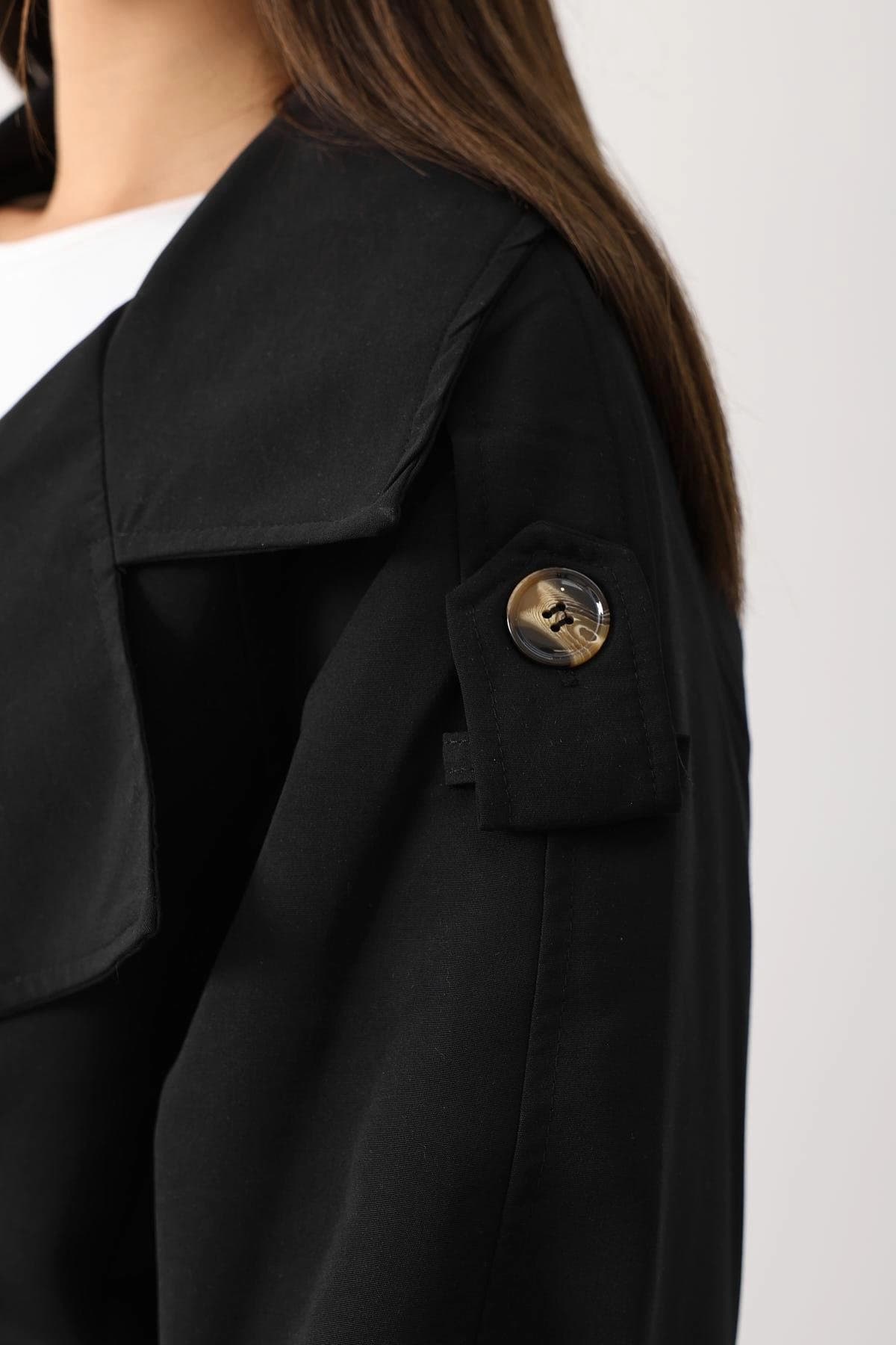 Black Cropped Trench Jacket Womens Short Double Breasted Belted Epaulet Coat Lightweight Spring Fall Outerwear - görsel 6