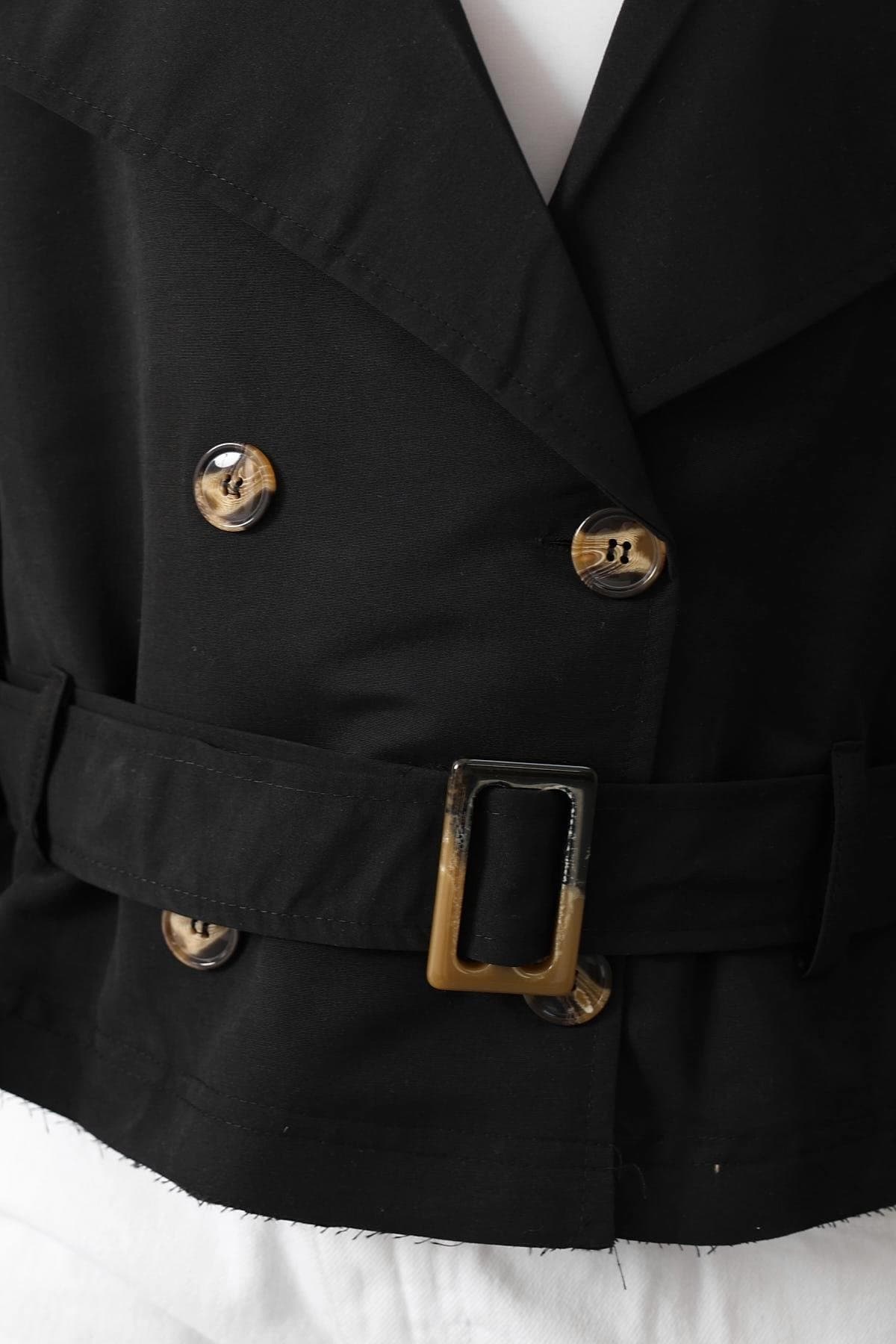 Black Cropped Trench Jacket Womens Short Double Breasted Belted Epaulet Coat Lightweight Spring Fall Outerwear - görsel 2