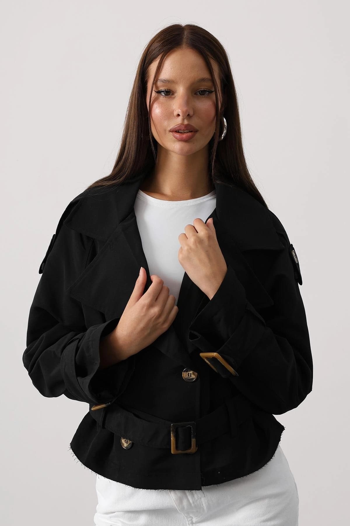 Black Cropped Trench Jacket Womens Short Double Breasted Belted Epaulet Coat Lightweight Spring Fall Outerwear