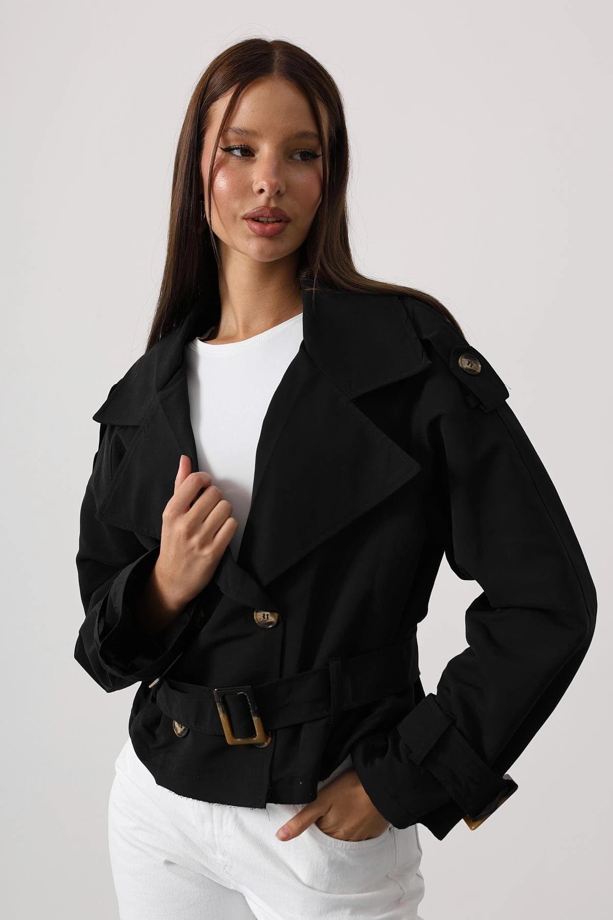 Black Cropped Trench Jacket Womens Short Double Breasted Belted Epaulet Coat Lightweight Spring Fall Outerwear - görsel 5