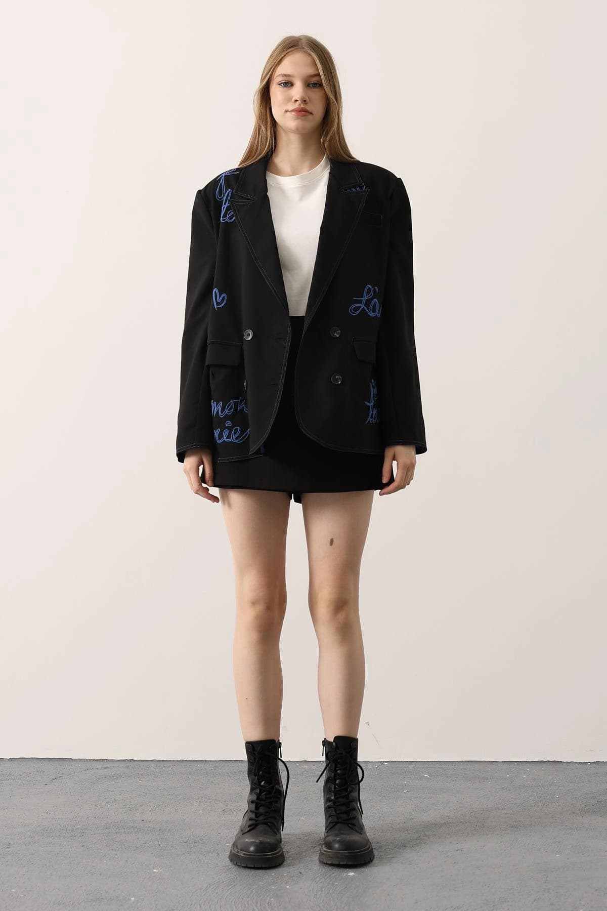 Black Embroidered Blazer Women Oversized Double Breasted Jacket French Text Statement Blazer Boyfriend Fit Designer Coat - görsel 1