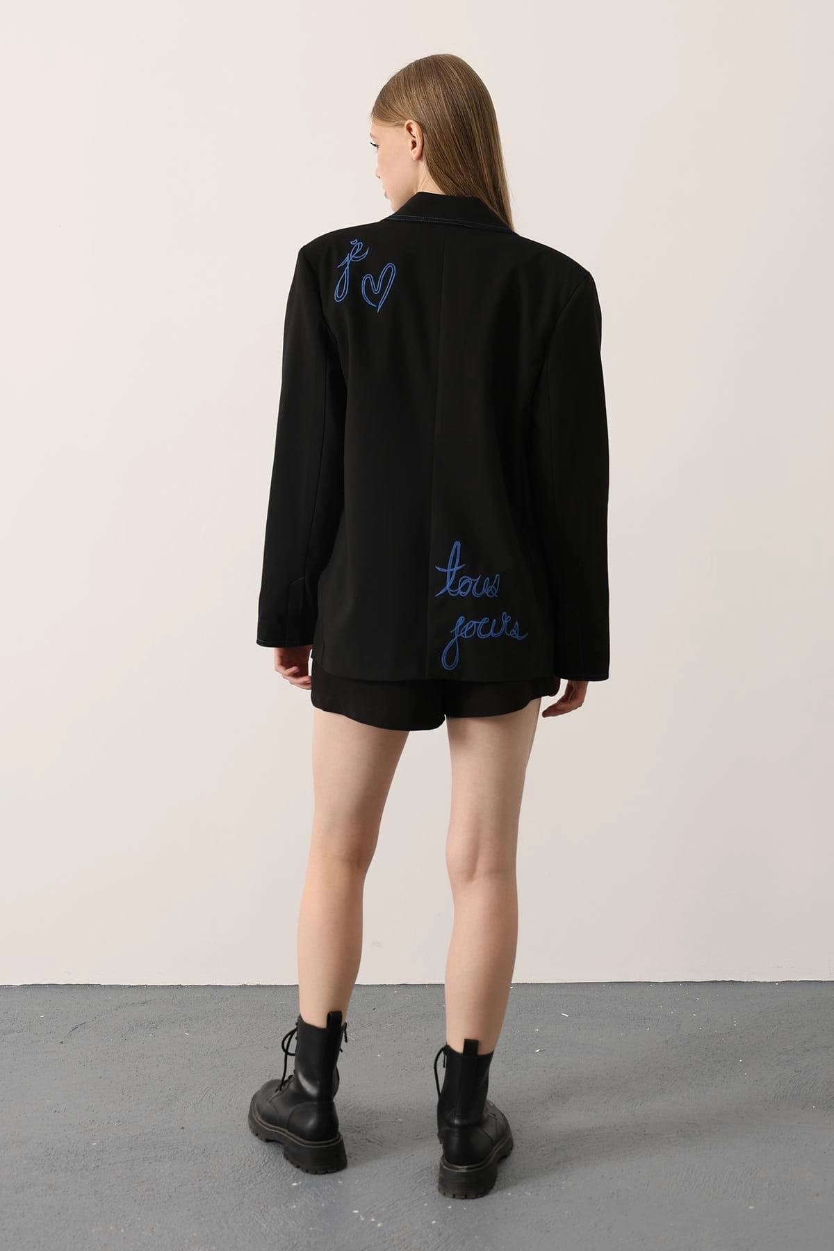 Black Embroidered Blazer Women Oversized Double Breasted Jacket French Text Statement Blazer Boyfriend Fit Designer Coat - görsel 6