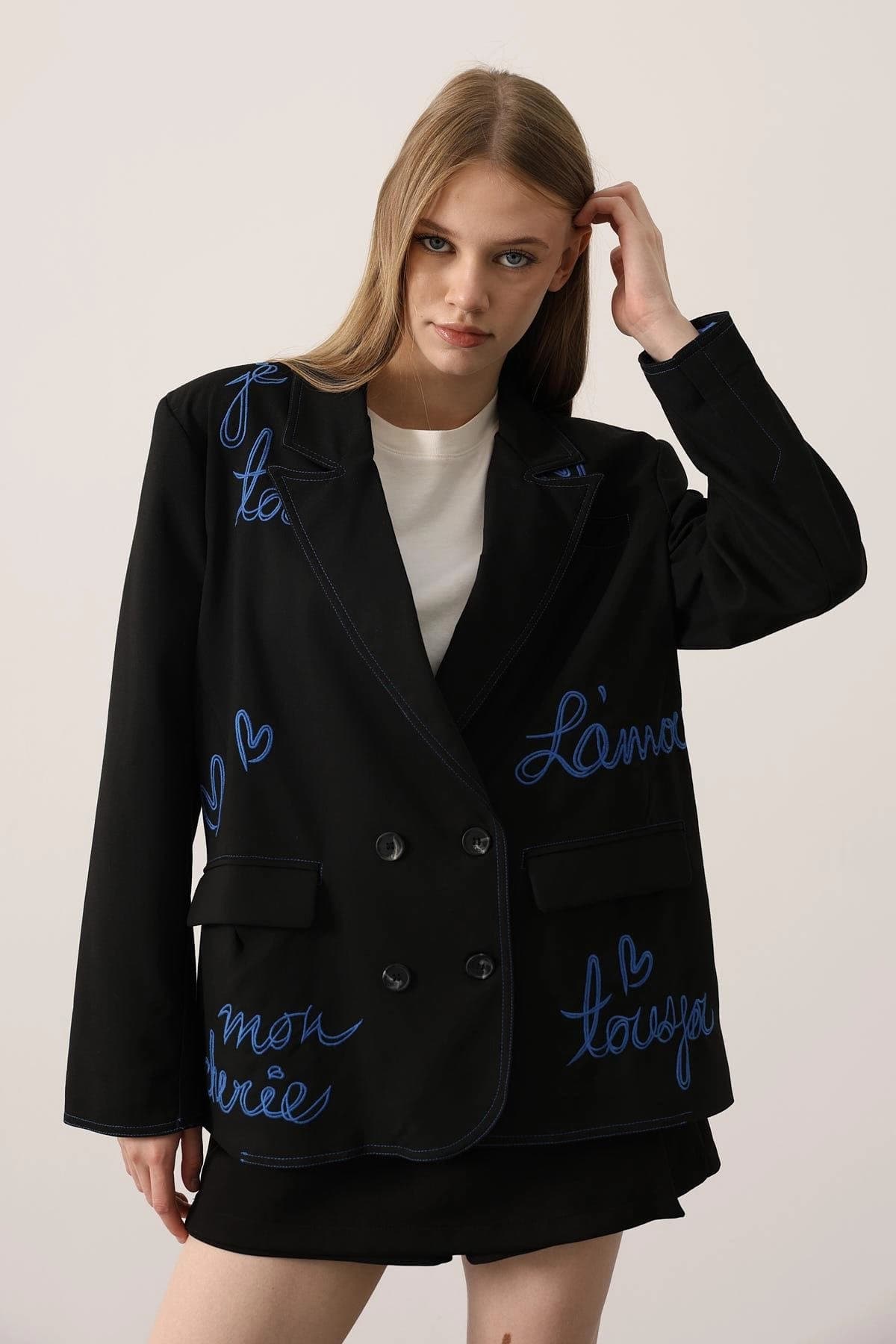 Black Embroidered Blazer Women Oversized Double Breasted Jacket French Text Statement Blazer Boyfriend Fit Designer Coat