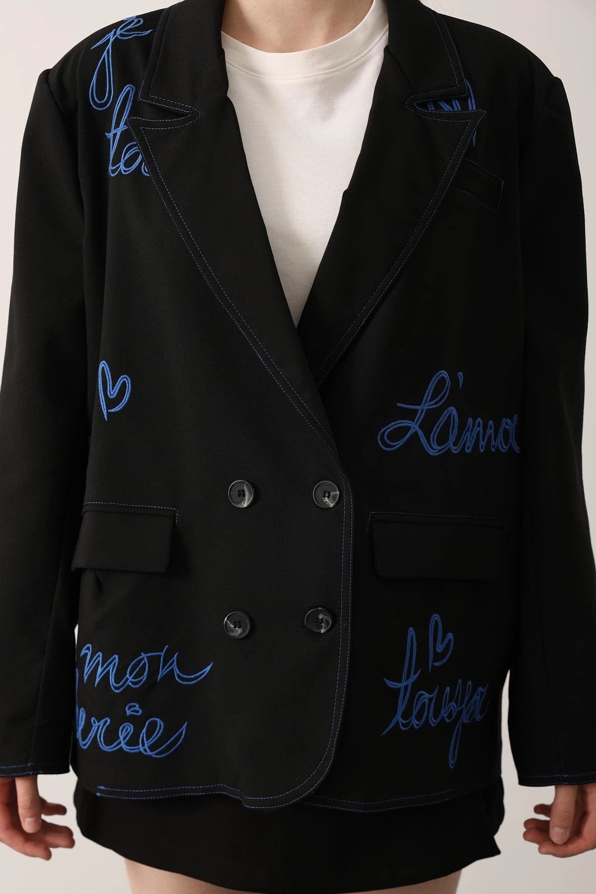 Black Embroidered Blazer Women Oversized Double Breasted Jacket French Text Statement Blazer Boyfriend Fit Designer Coat - görsel 4