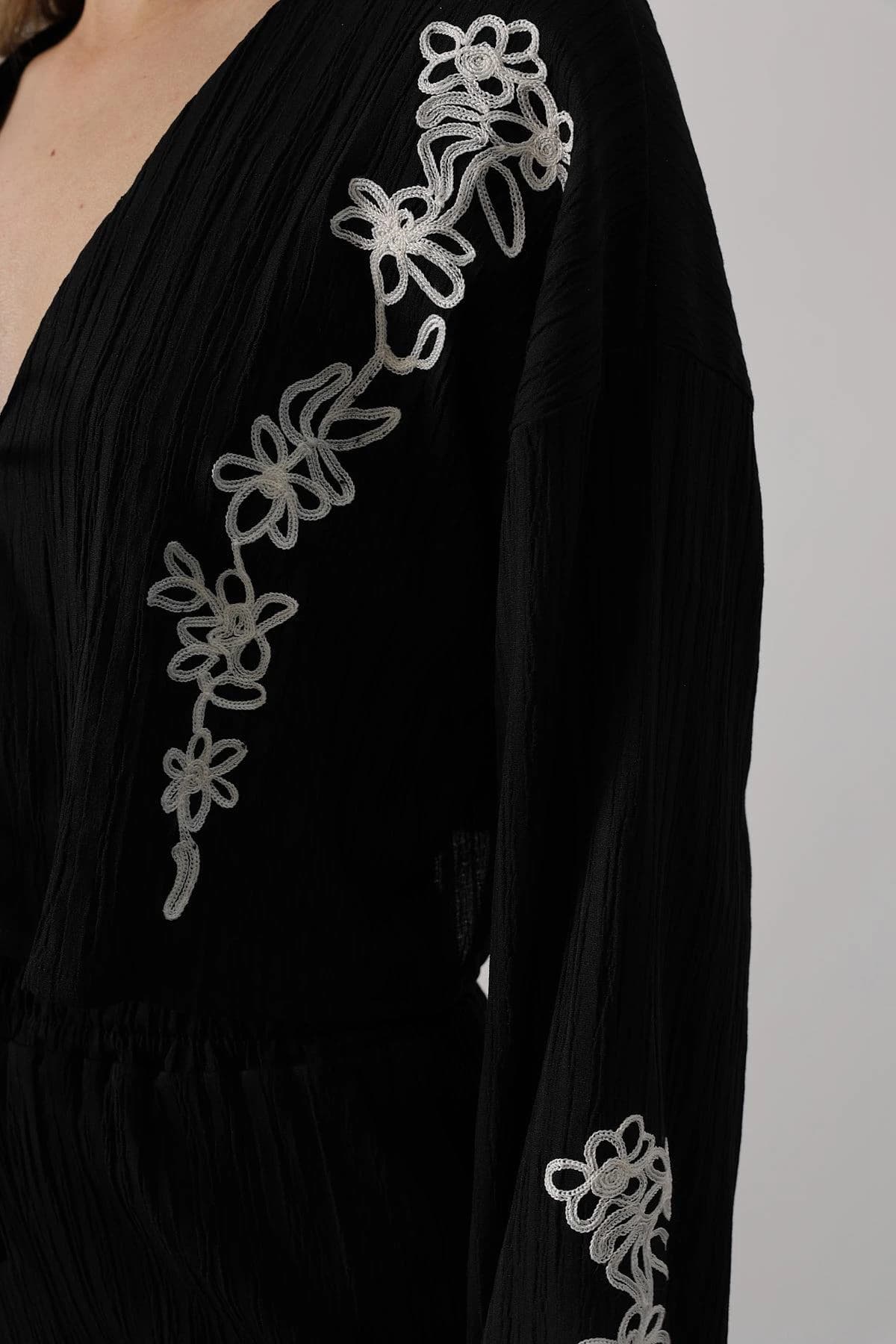 Black Embroidered Jumpsuit Women Long Sleeve Boho Floral Ribbed Wide Leg Palazzo Deep V Neck Vintage Style detailed view 7