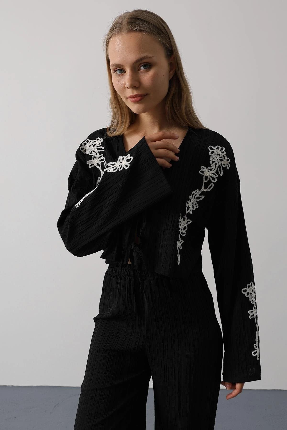 Black Embroidered Jumpsuit Women Long Sleeve Boho Floral Ribbed Wide Leg Palazzo Deep V Neck Vintage Style detailed view 6