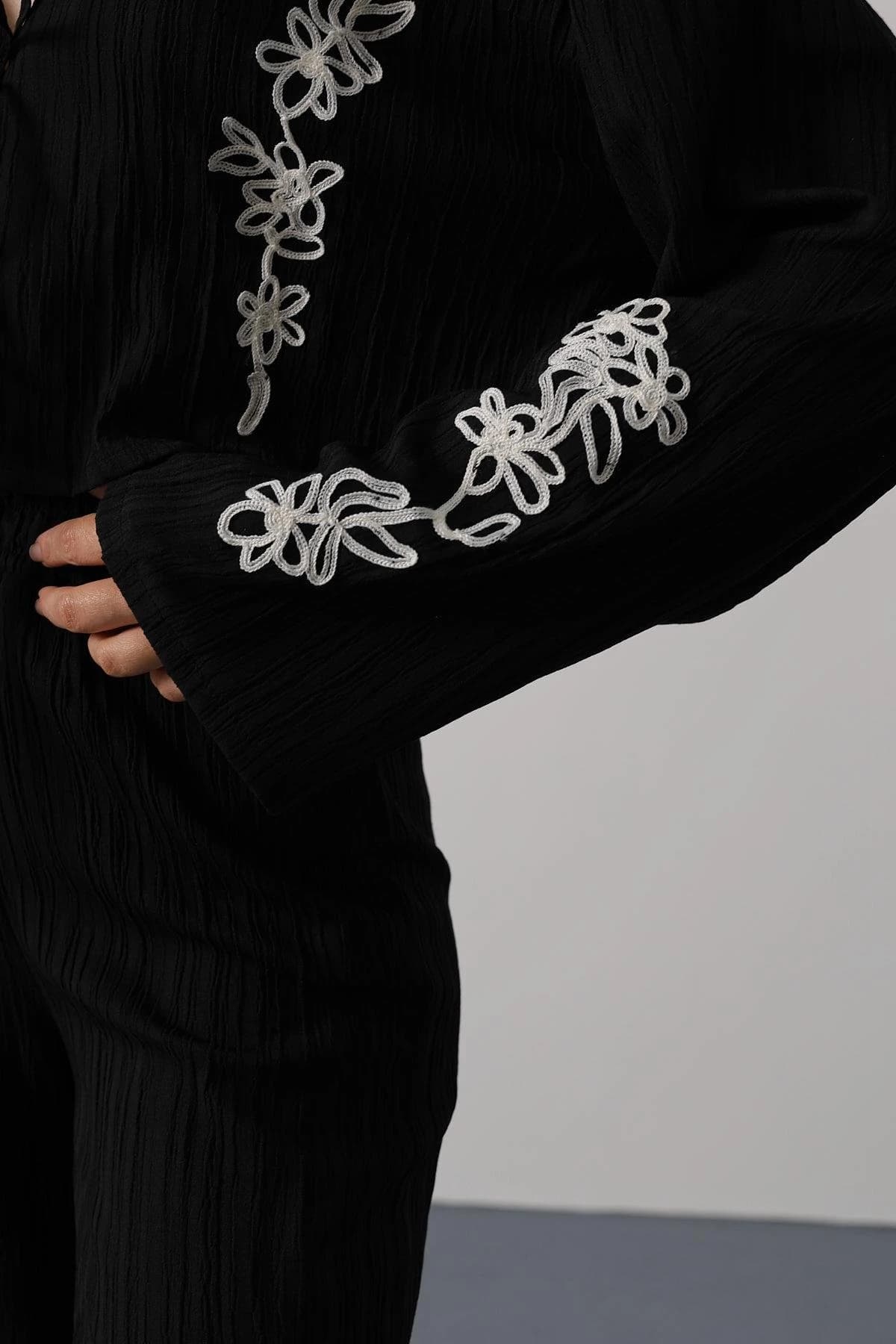 Black Embroidered Jumpsuit Women Long Sleeve Boho Floral Ribbed Wide Leg Palazzo Deep V Neck Vintage Style detailed view 5