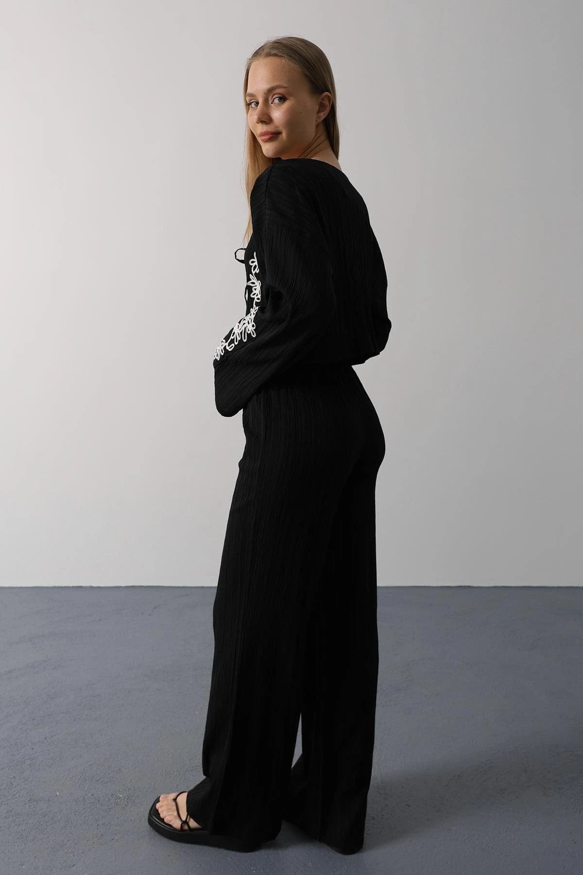 Black Embroidered Jumpsuit Women Long Sleeve Boho Floral Ribbed Wide Leg Palazzo Deep V Neck Vintage Style detailed view 4