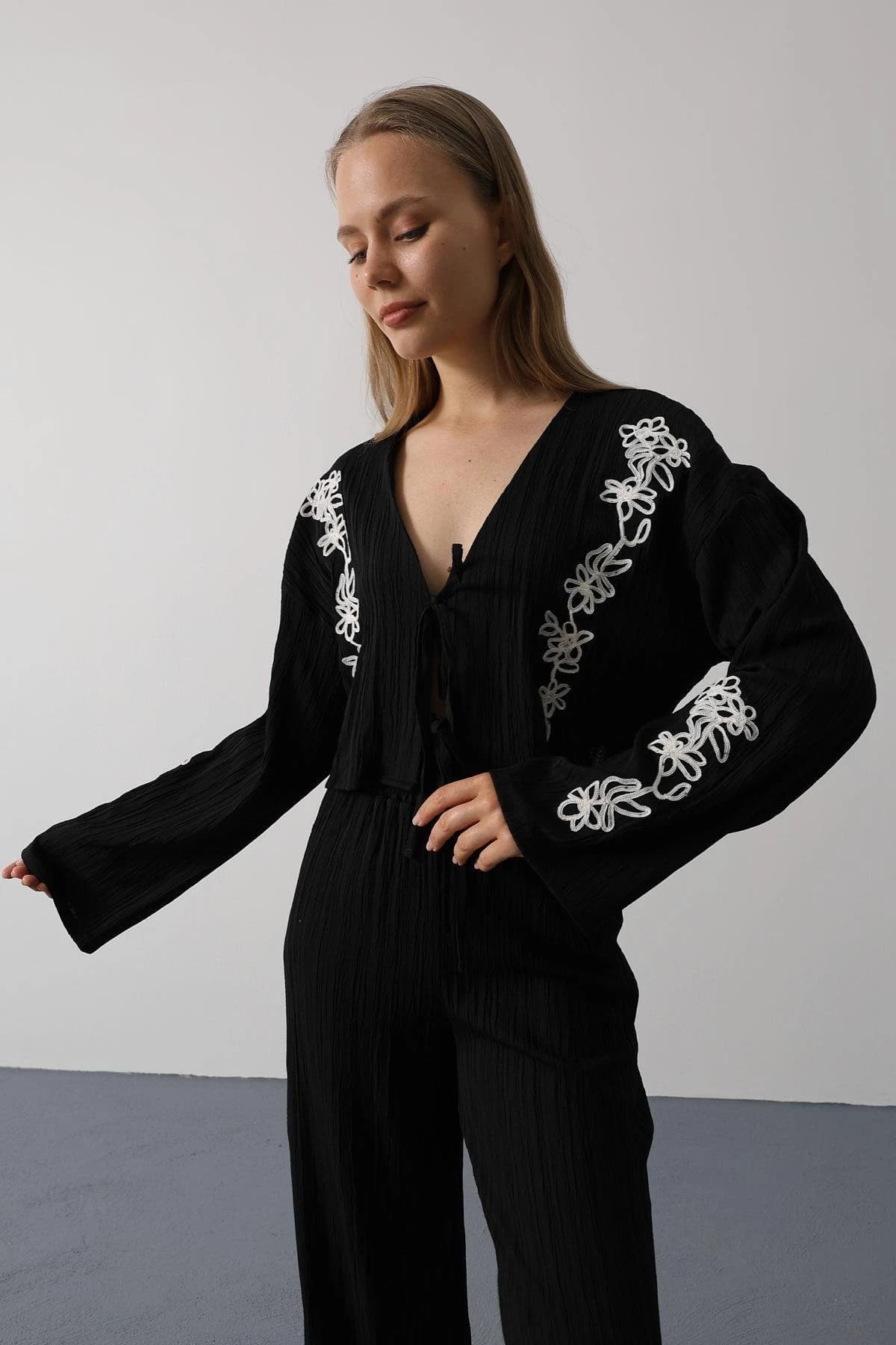 Black Embroidered Jumpsuit Women Long Sleeve Boho Floral Ribbed Wide Leg Palazzo Deep V Neck Vintage Style detailed view 3