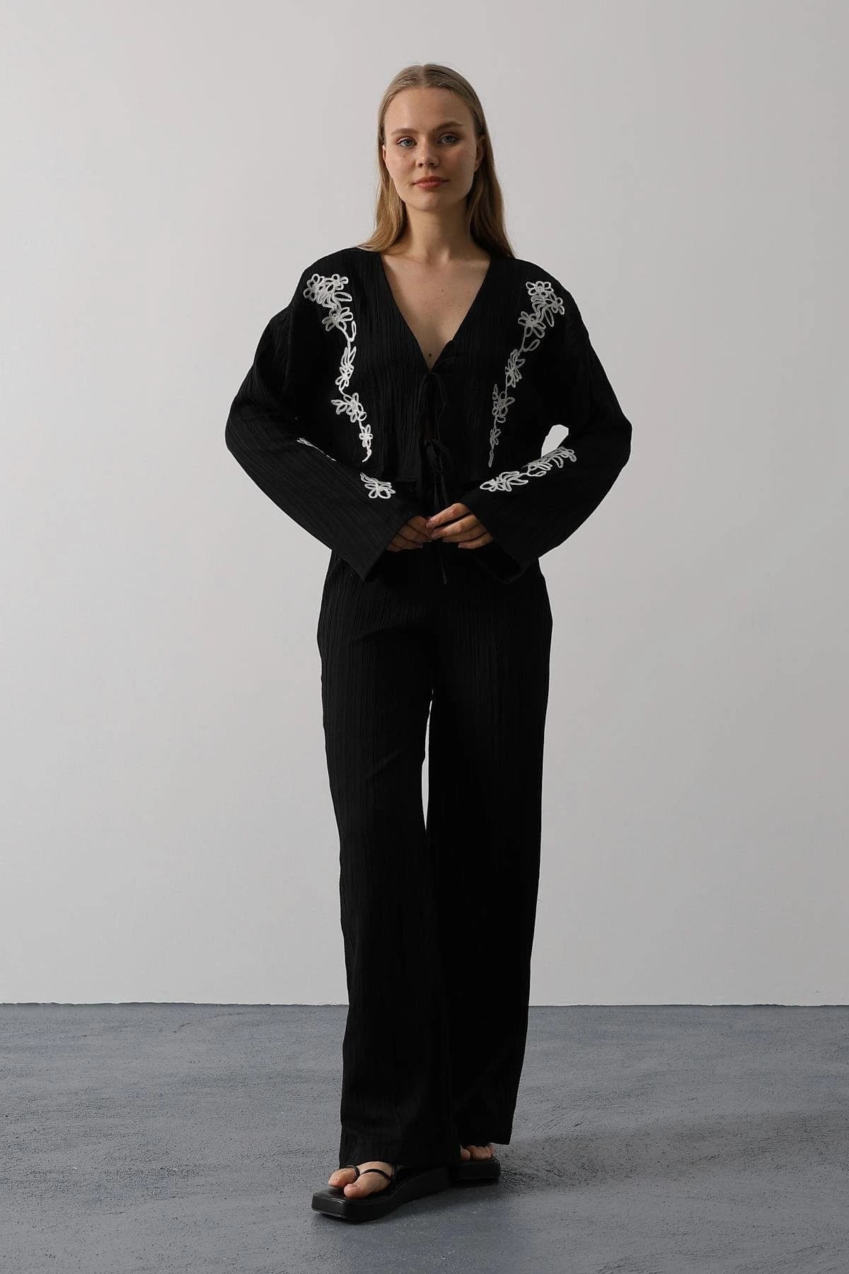 Black Embroidered Jumpsuit Women Long Sleeve Boho Floral Ribbed Wide Leg Palazzo Deep V Neck Vintage Style