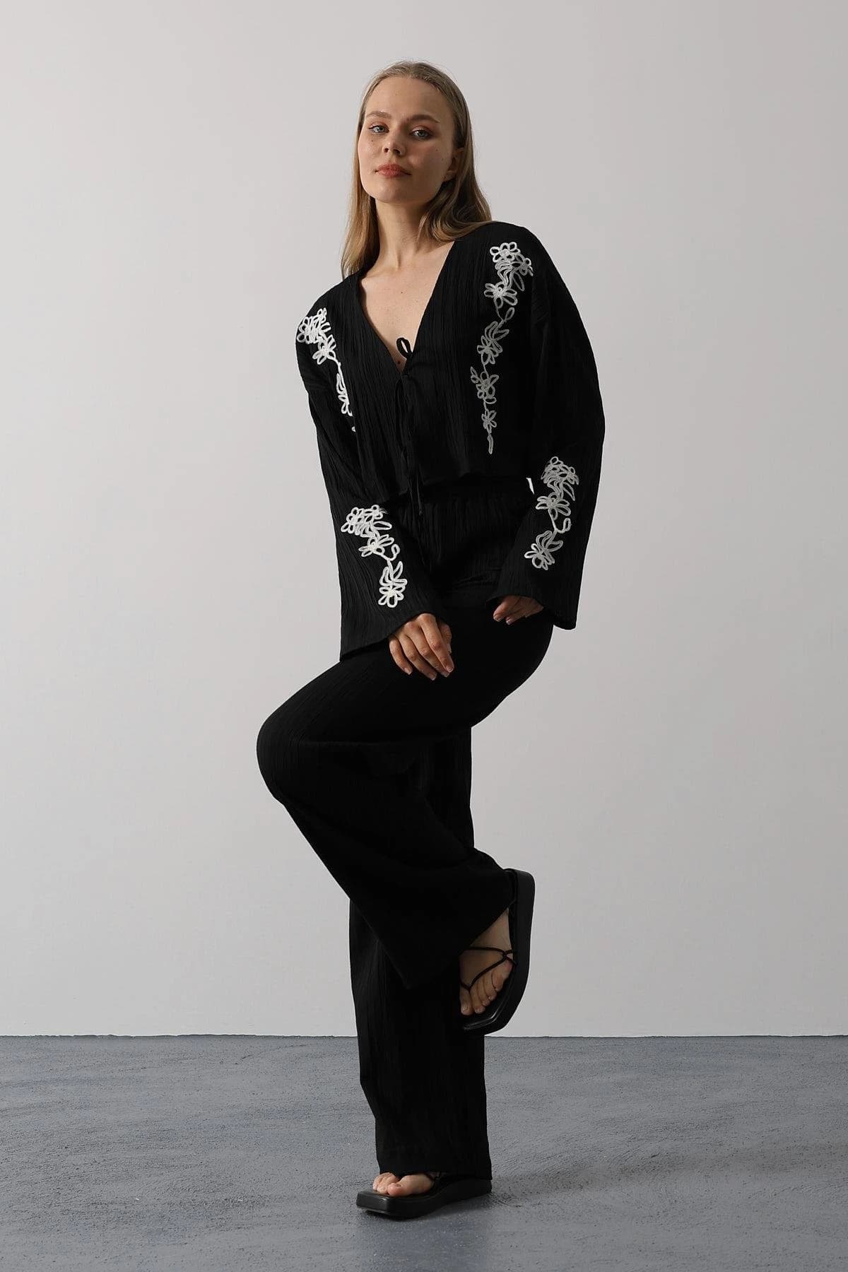 Black Embroidered Jumpsuit Women Long Sleeve Boho Floral Ribbed Wide Leg Palazzo Deep V Neck Vintage Style detailed view 2